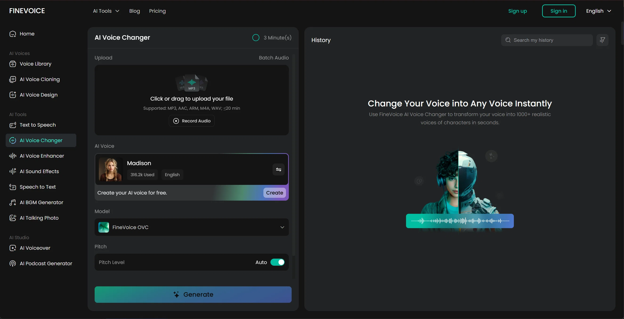FineVoice AI Voice Changer website
