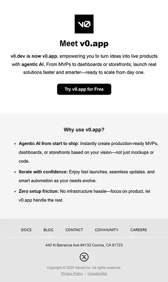 Product Introduction Email for SaaS (v0.app)