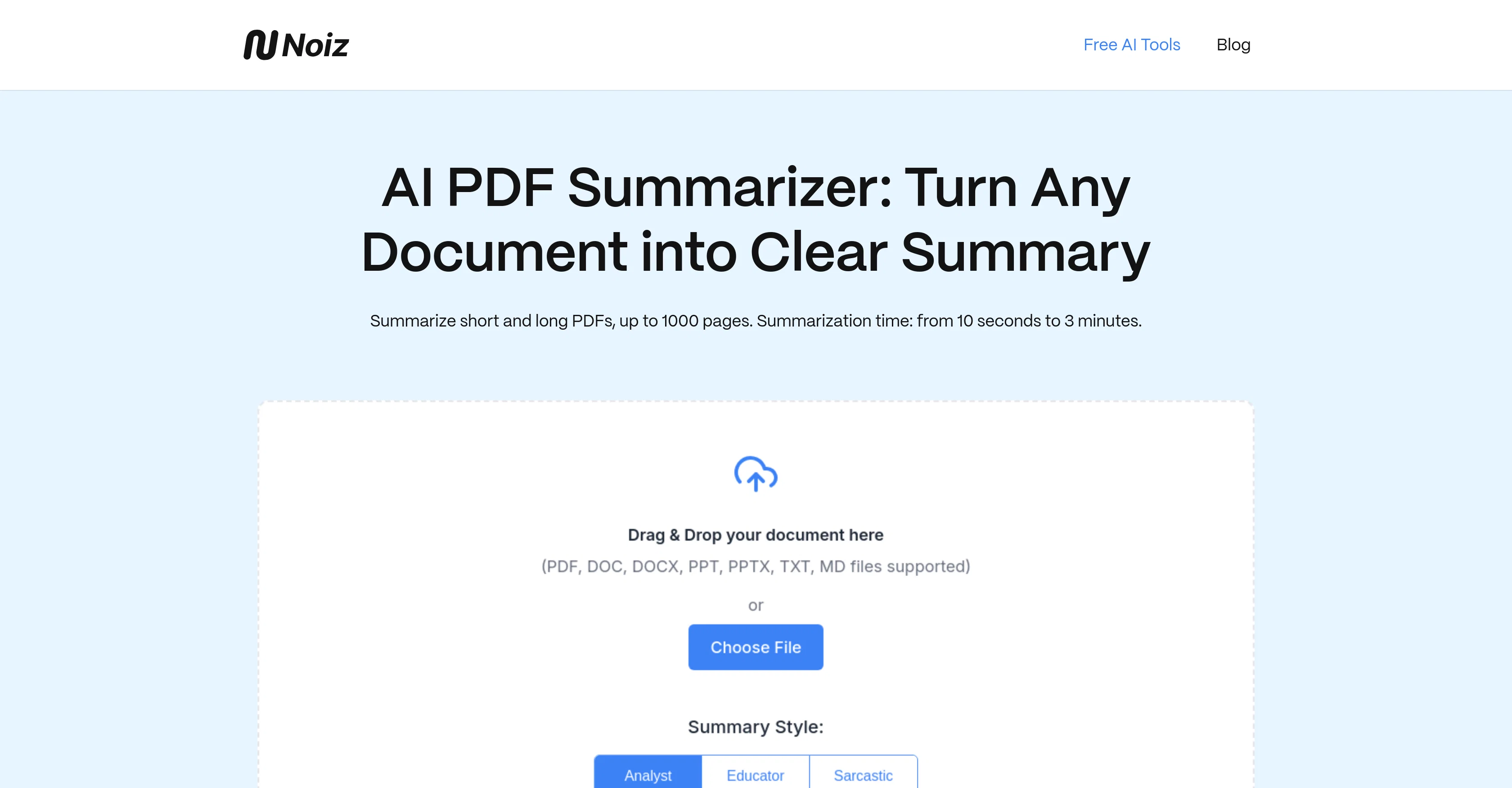 Noiz - AI PDF Summarizer website