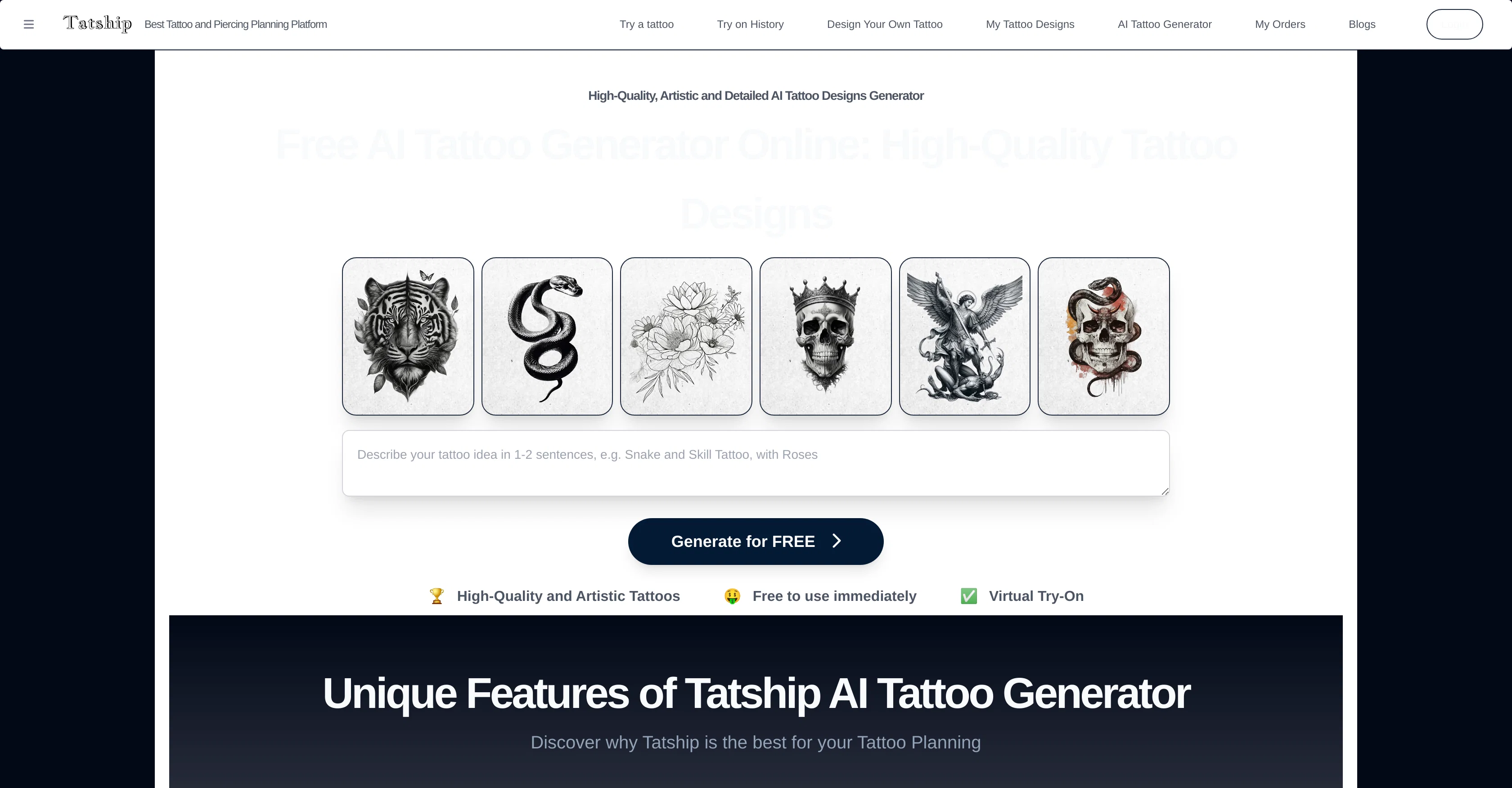 Tatship AI Tattoo Generator website