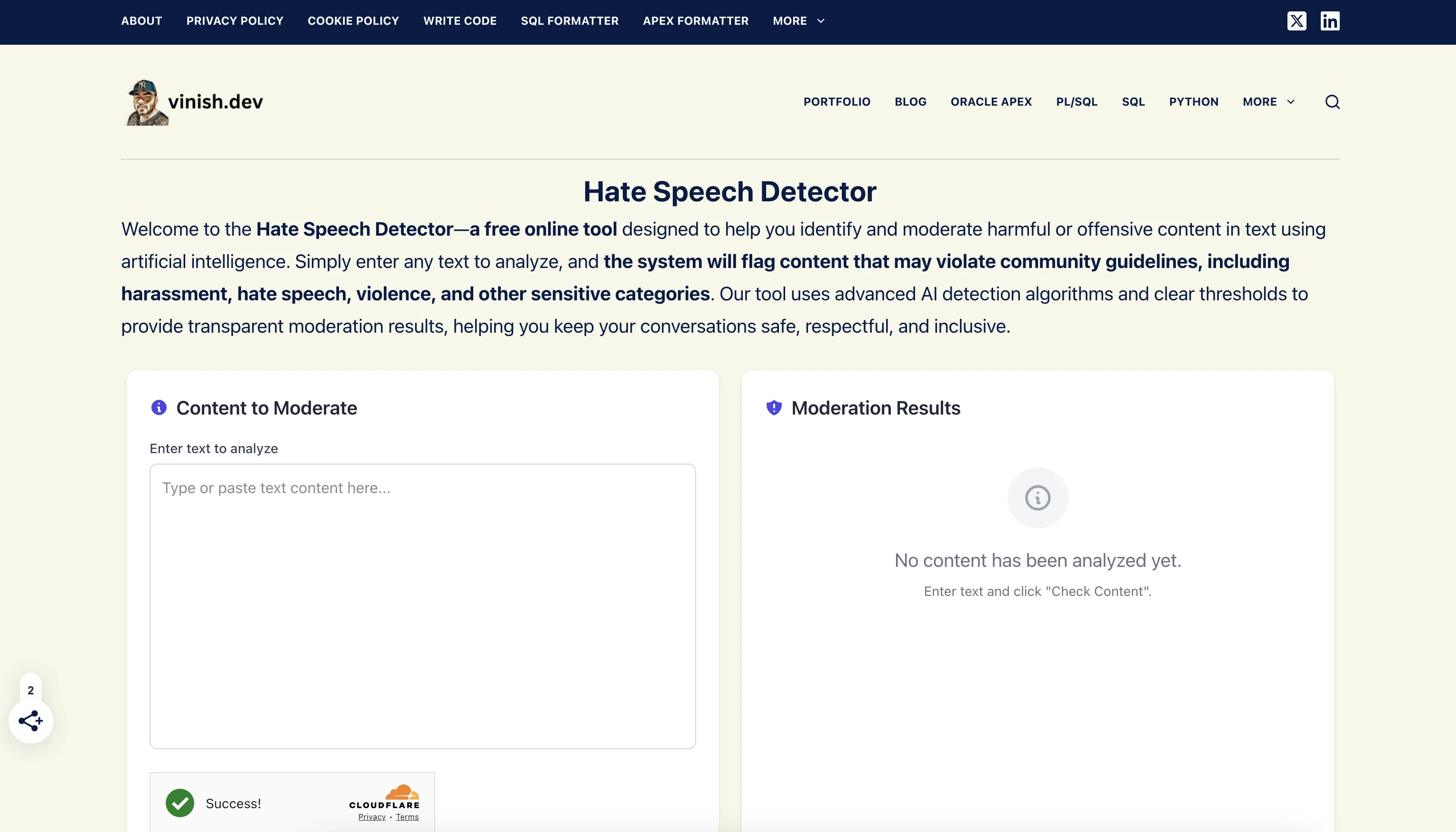 Hate Speech Detector website