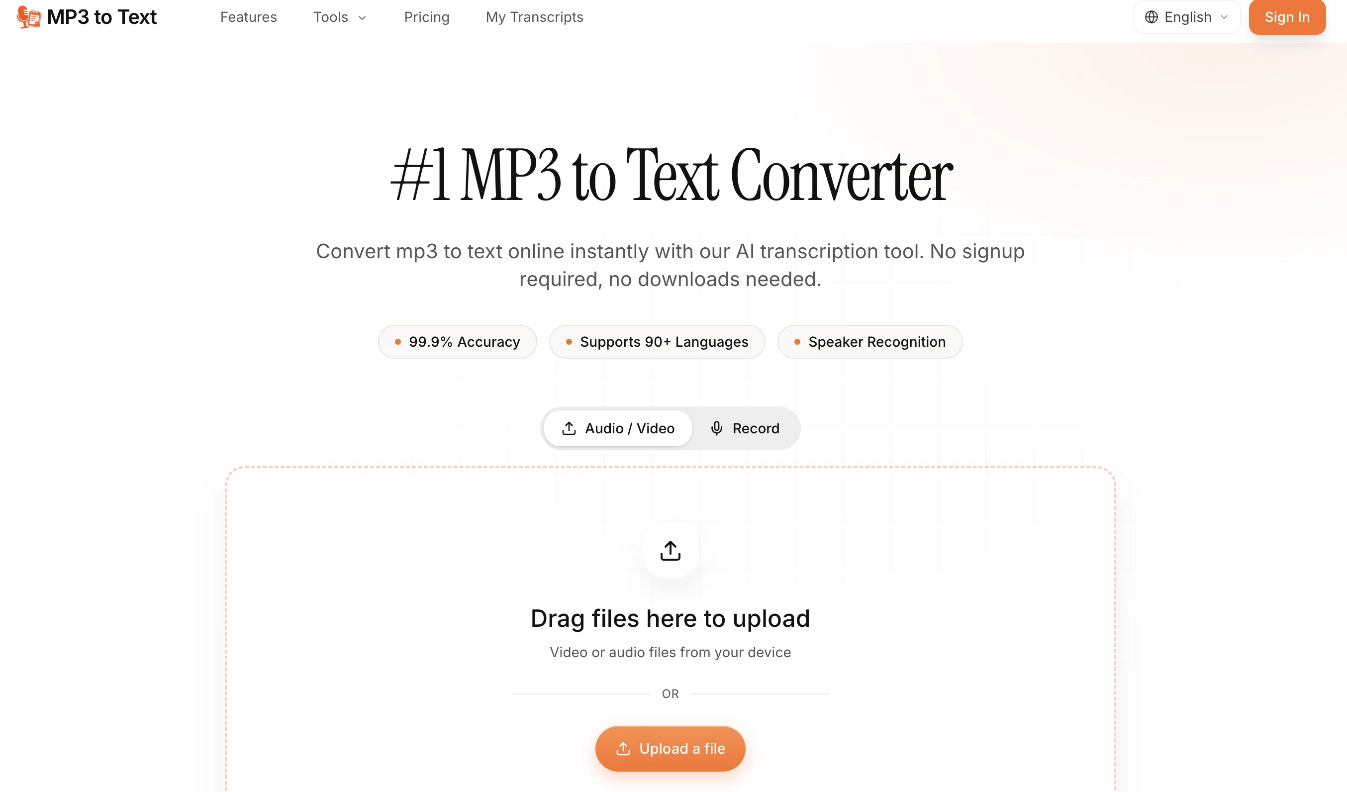 MP3 to Text.org website
