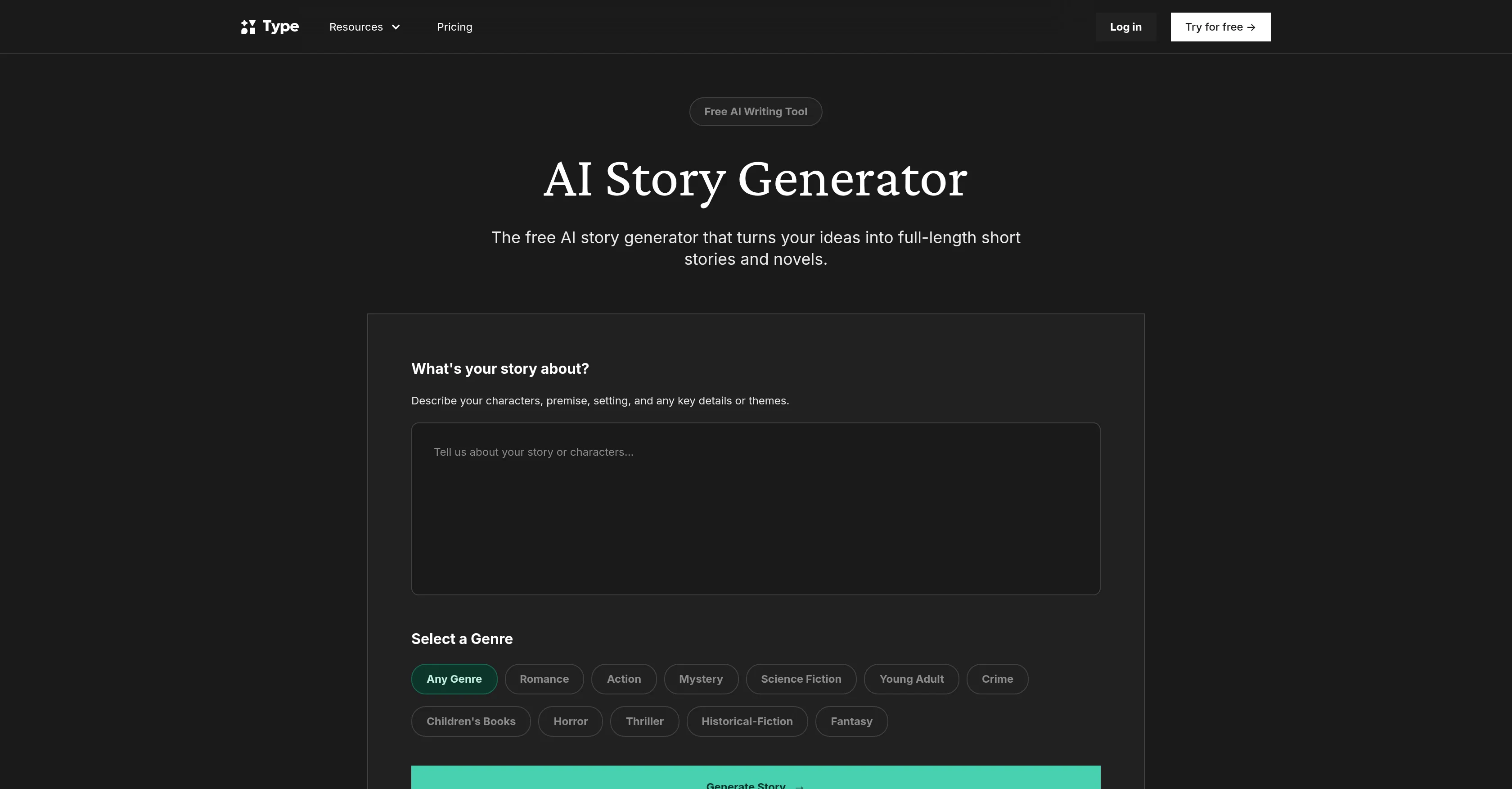Story Generator by Type AI website