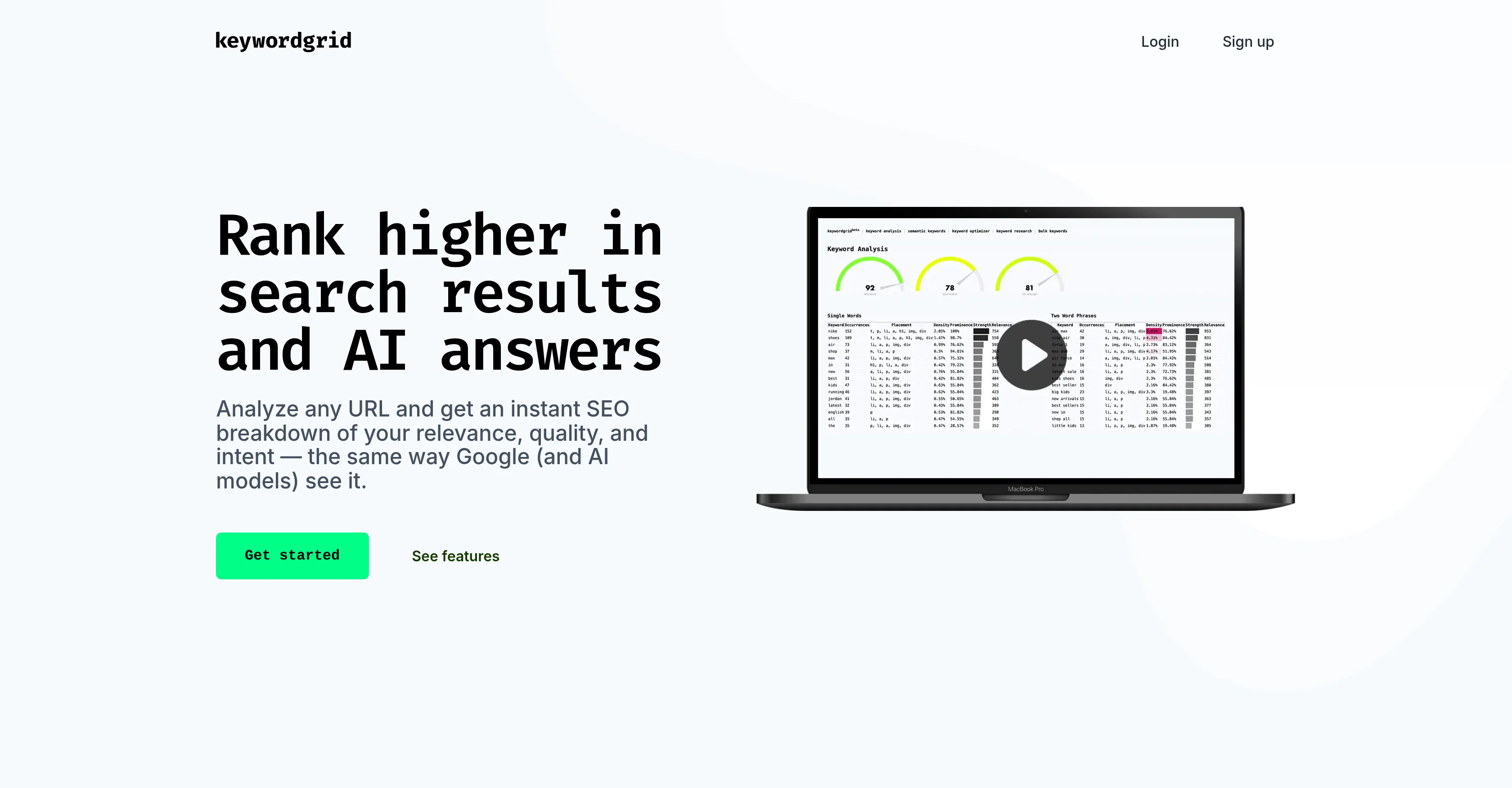 Keyword Grid website