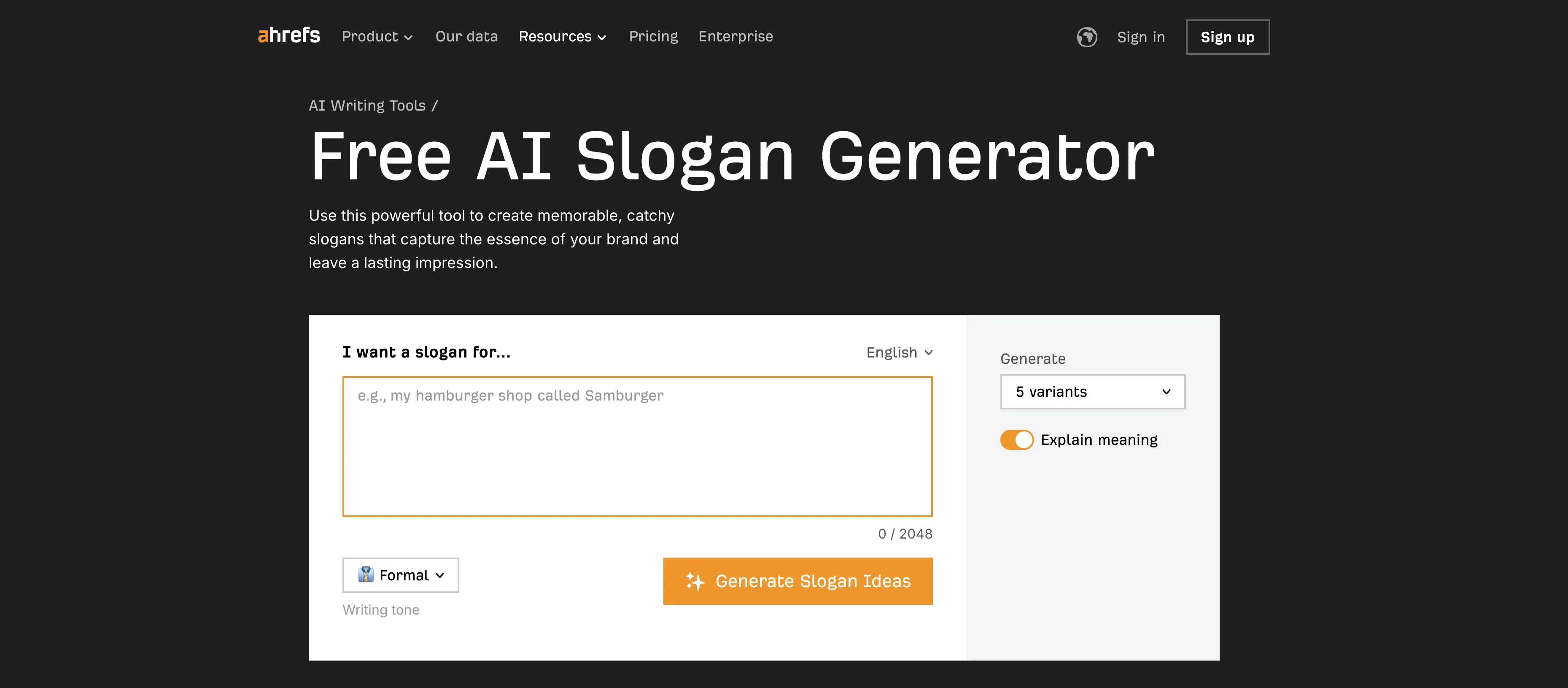 Ahrefs AI Slogan Generator website
