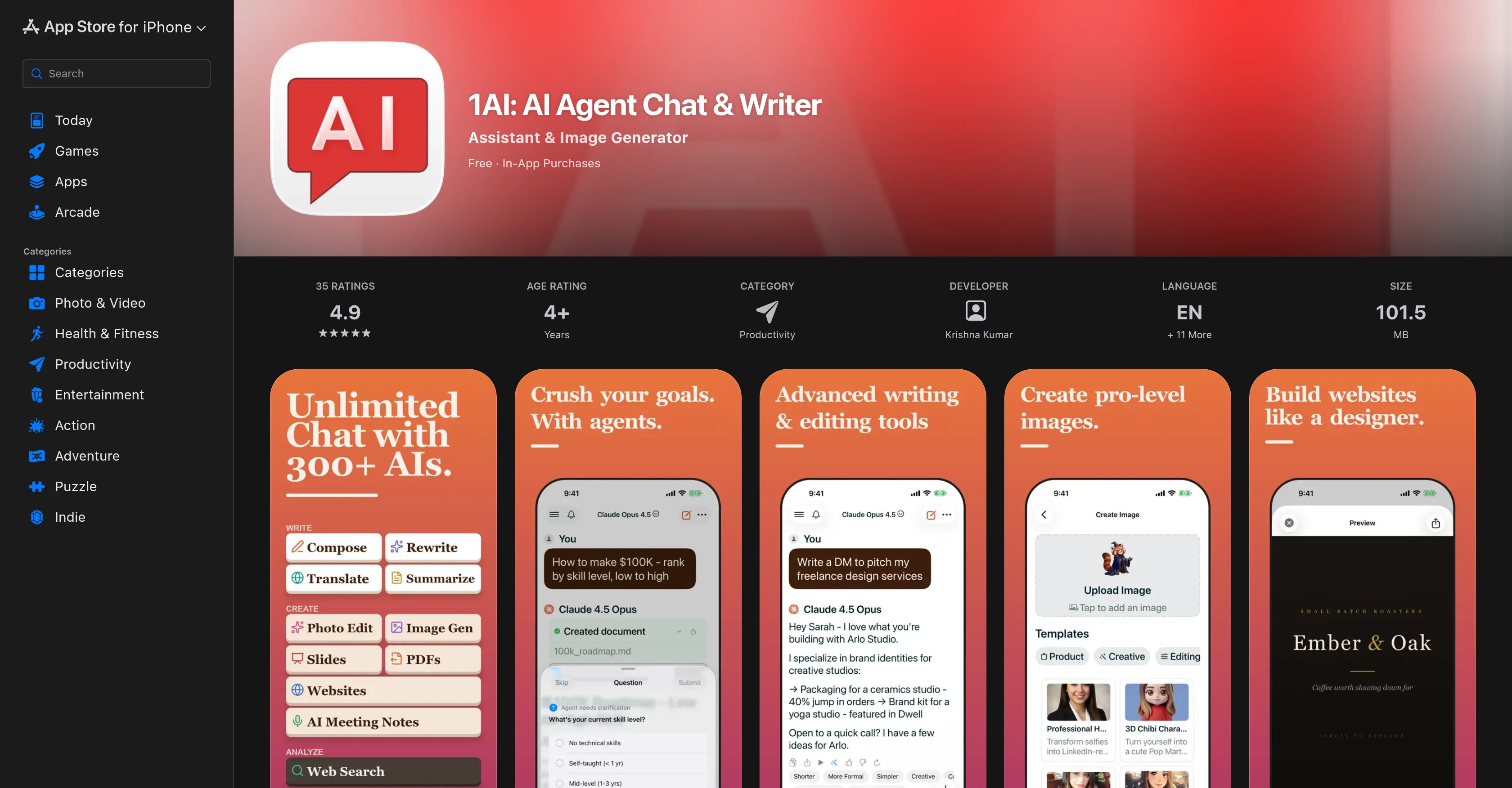 1AI: AI Agent Chat & Writer App website