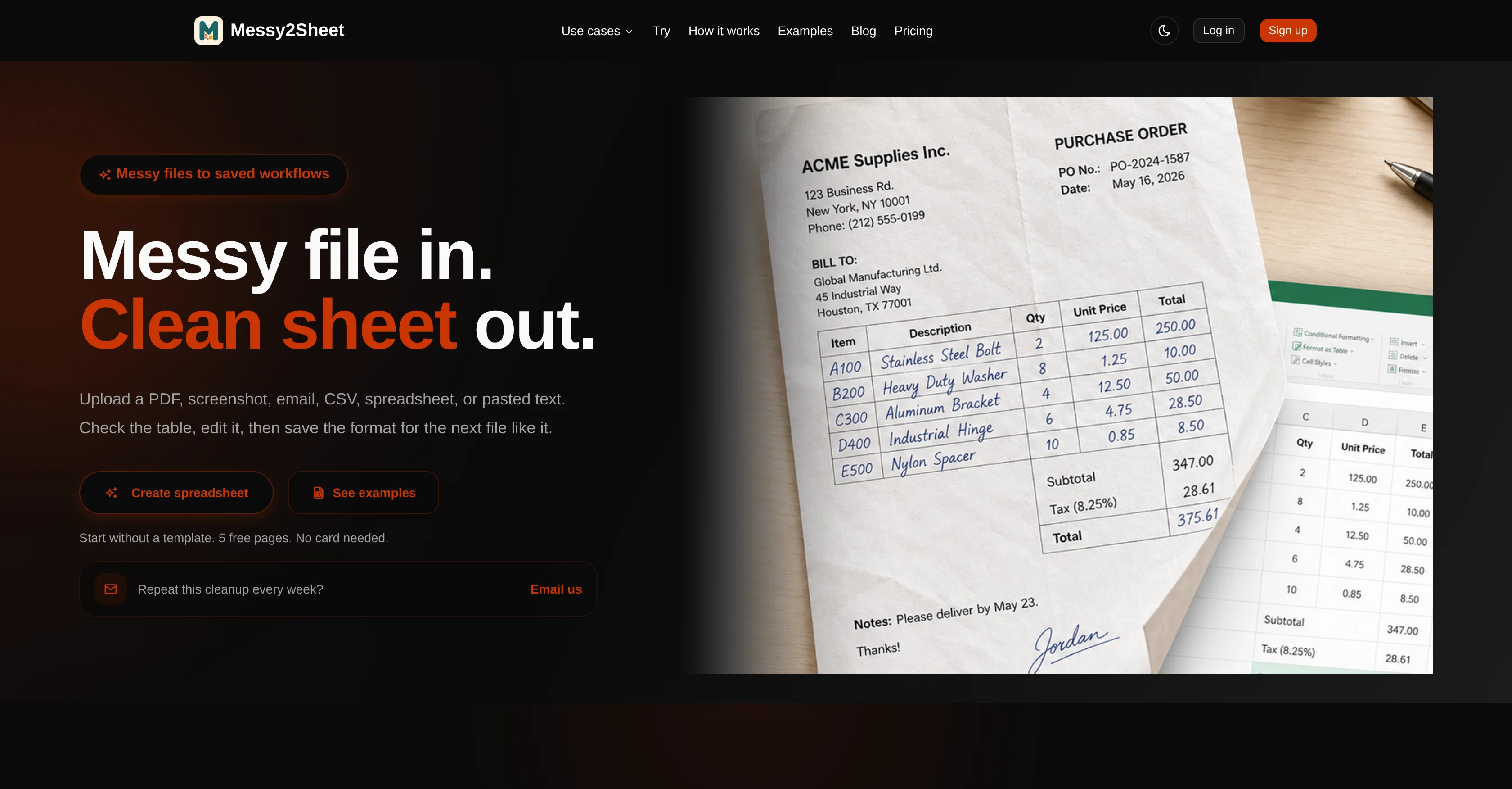 Messy2Sheet website