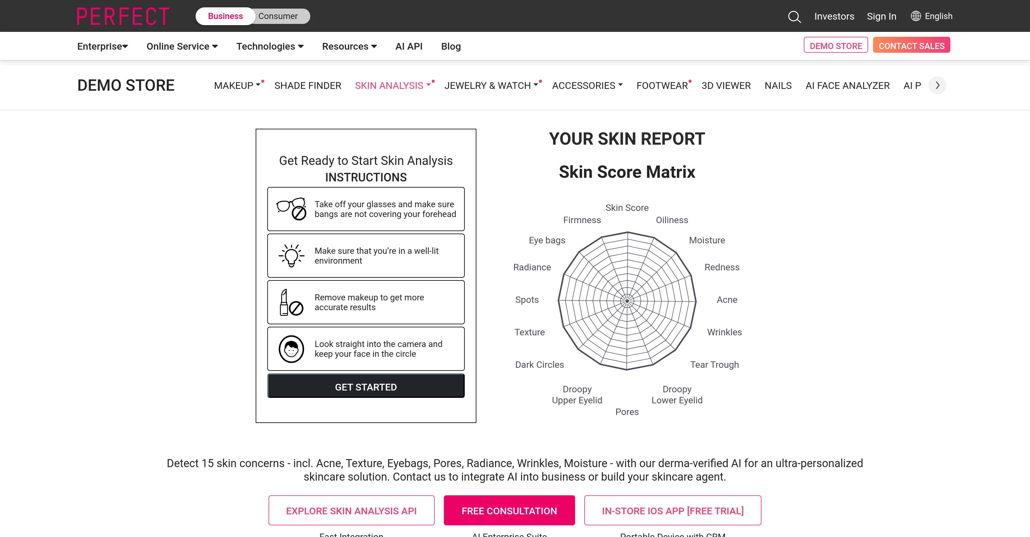 AI Skin Analysis by Perfect website