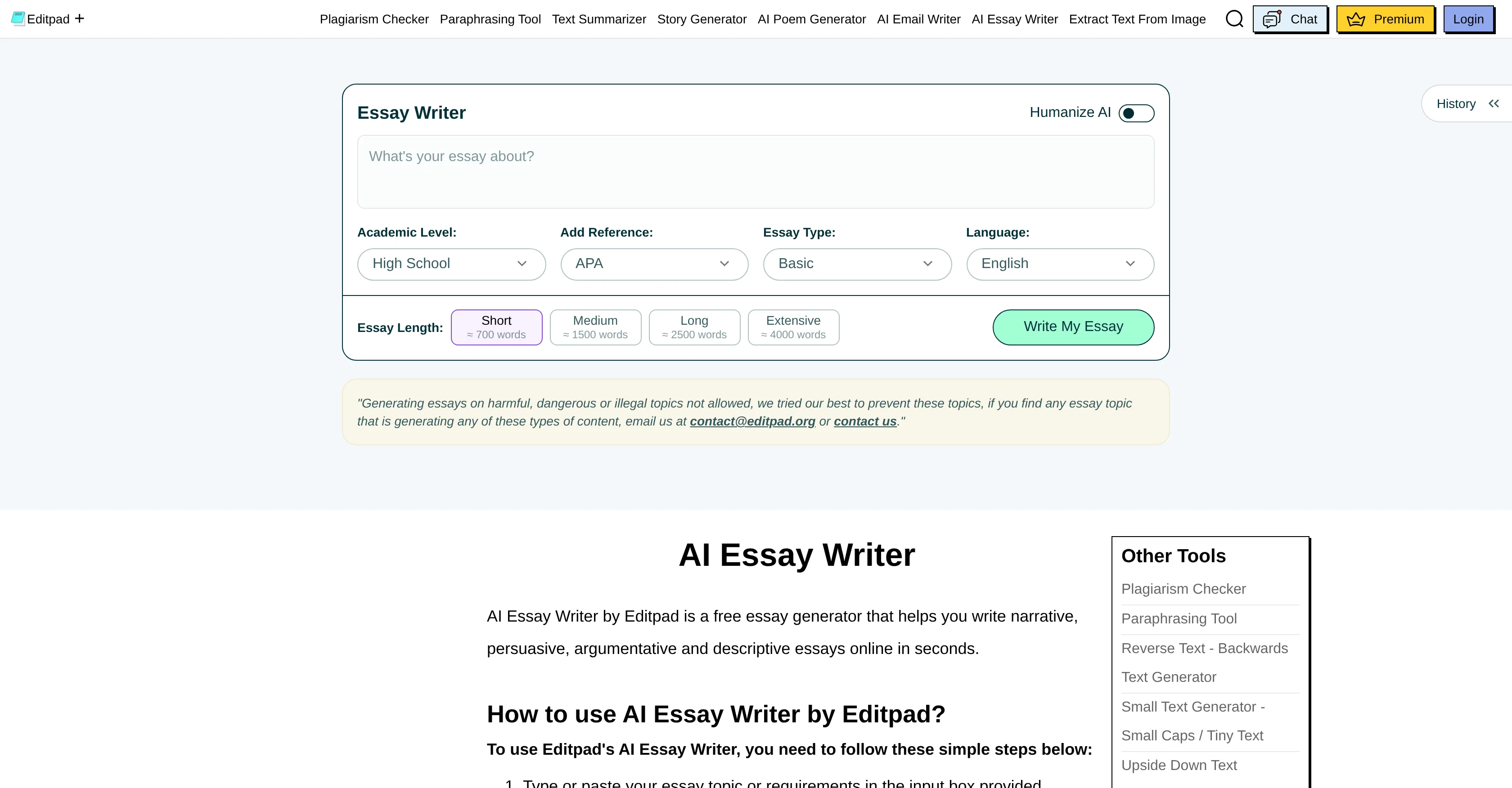 Editpad AI Essay Writer website