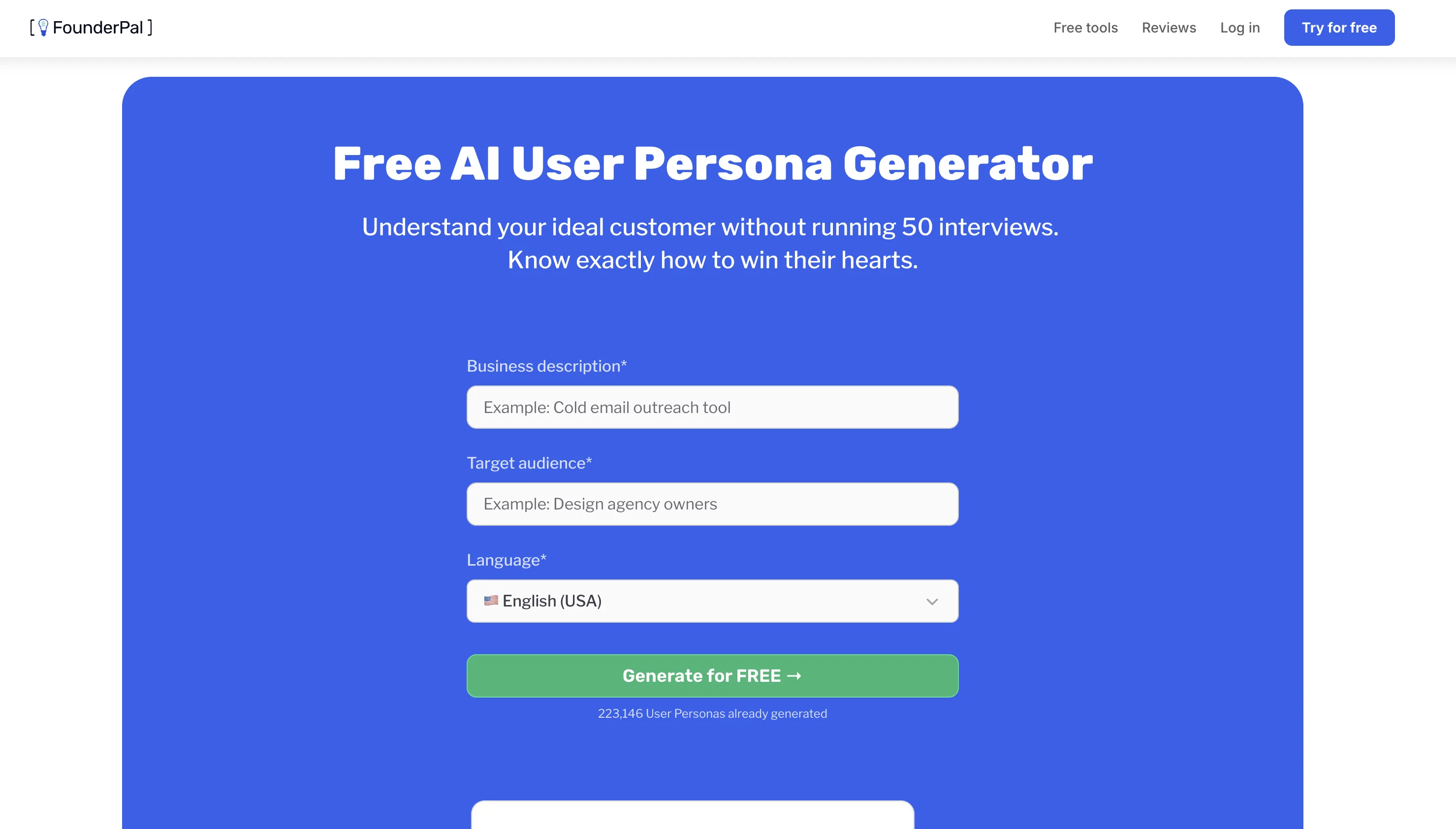 FounderPal Persona Generator website