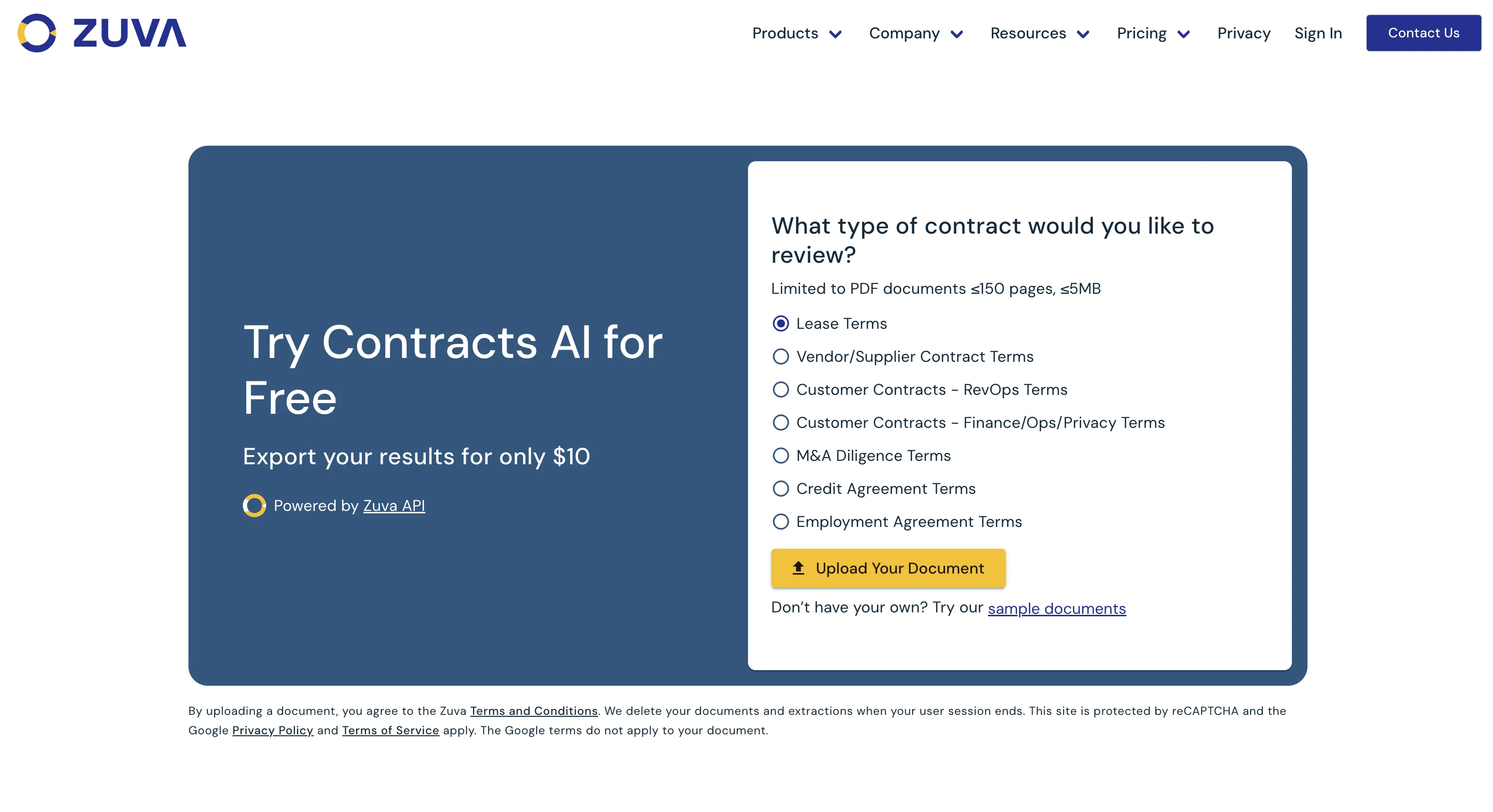 Zuva Contracts AI website