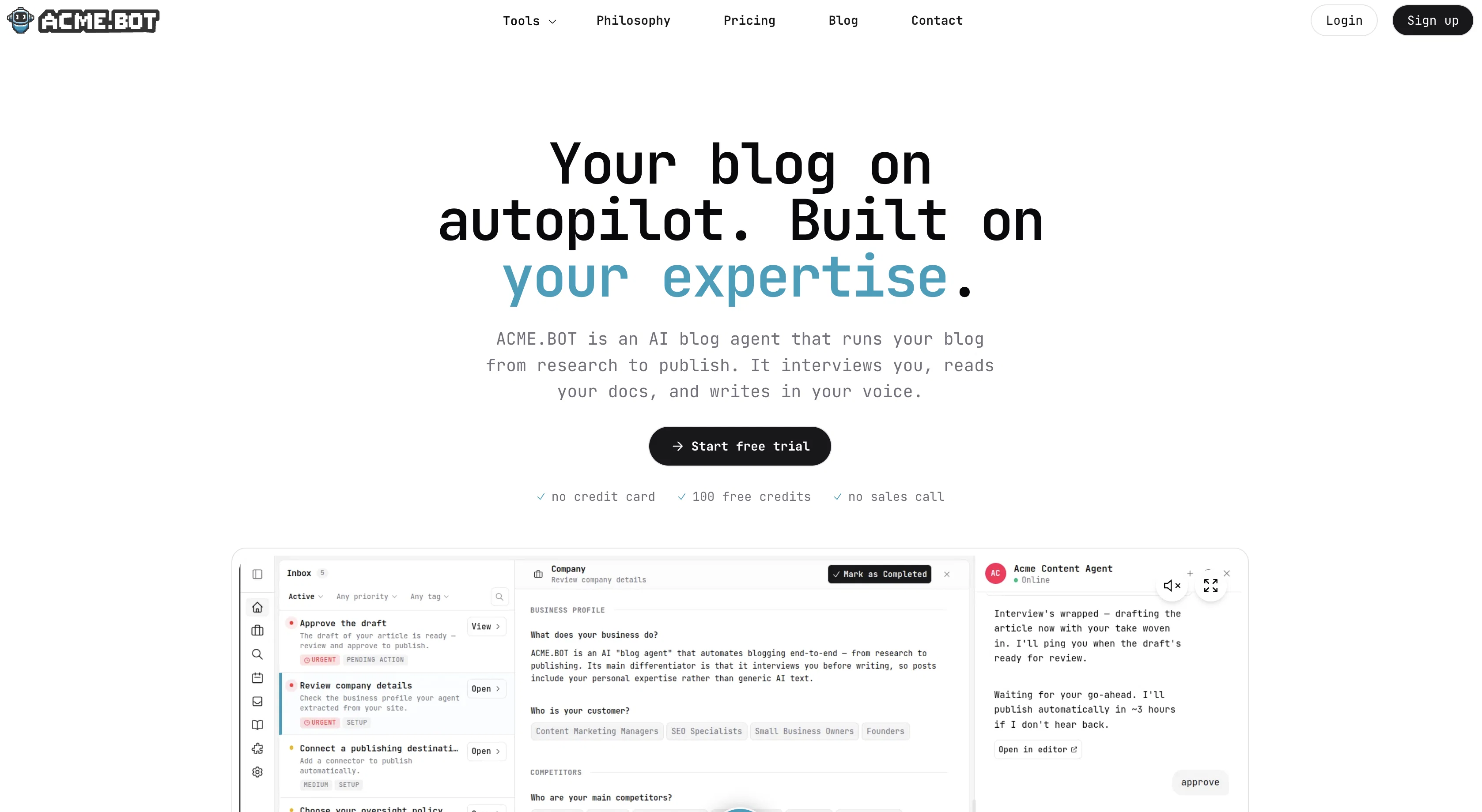 ACME.BOT - No-Slop AI SEO Agent That Interviews You website