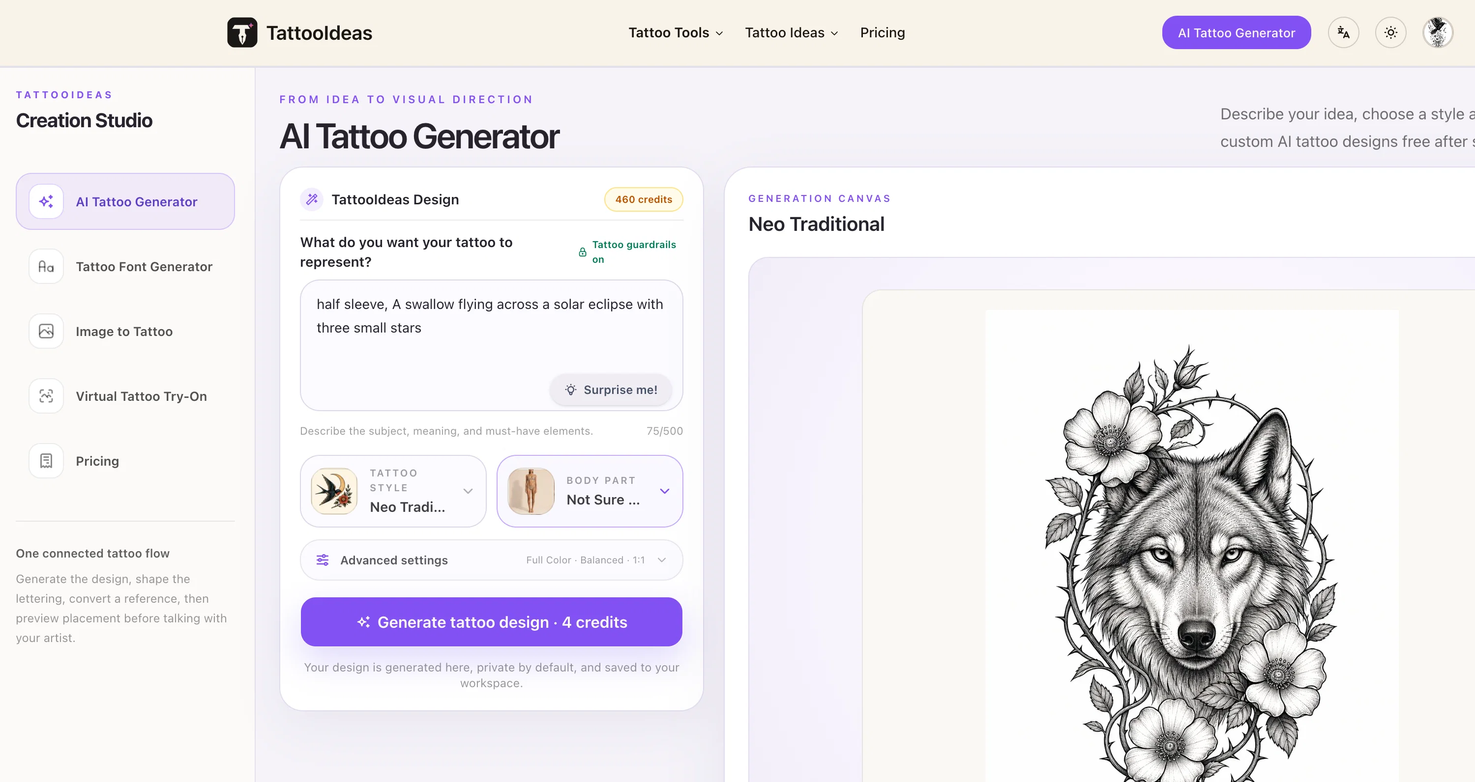 TattooIdeas – AI Tattoo Generator, Stencil & Try-On website