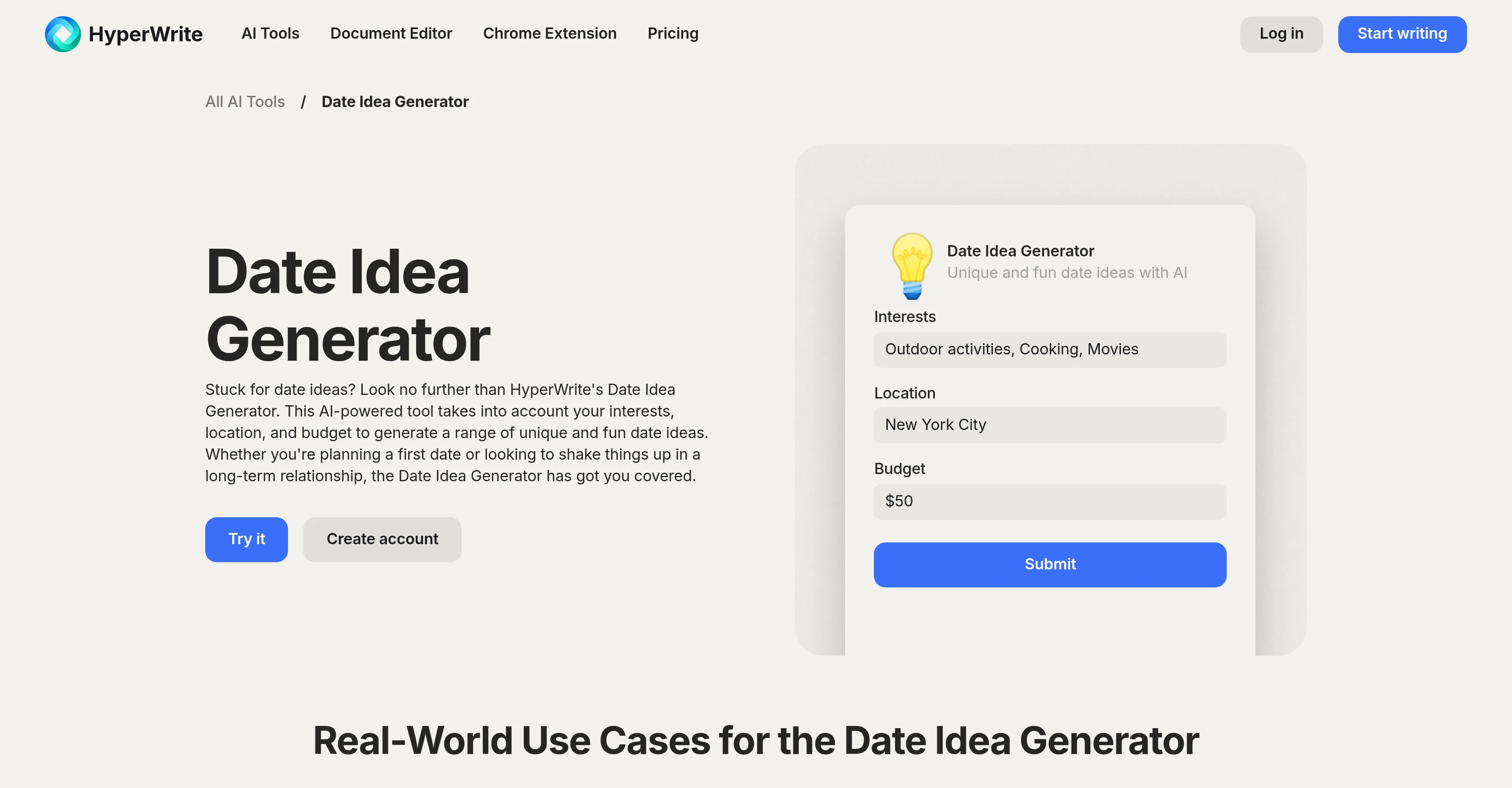 HyperWrite Date Ideas website