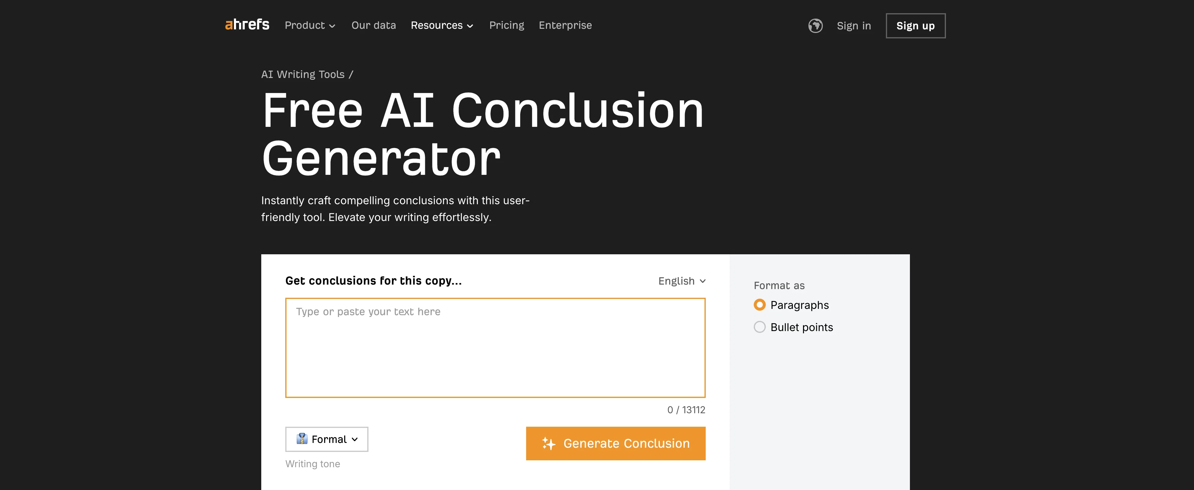 Ahrefs AI Conclusion Generator website