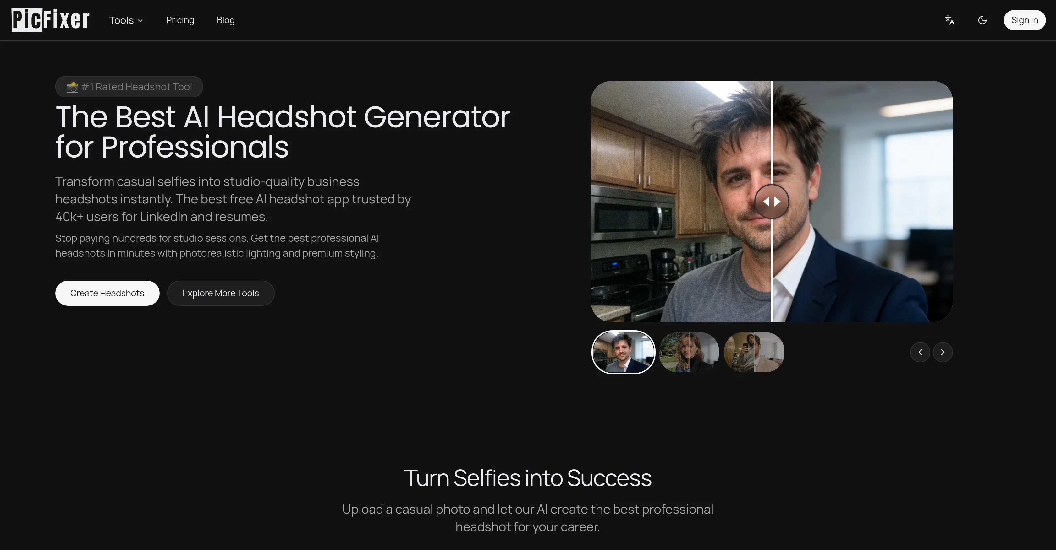 PicFixer AI Headshot Generator website
