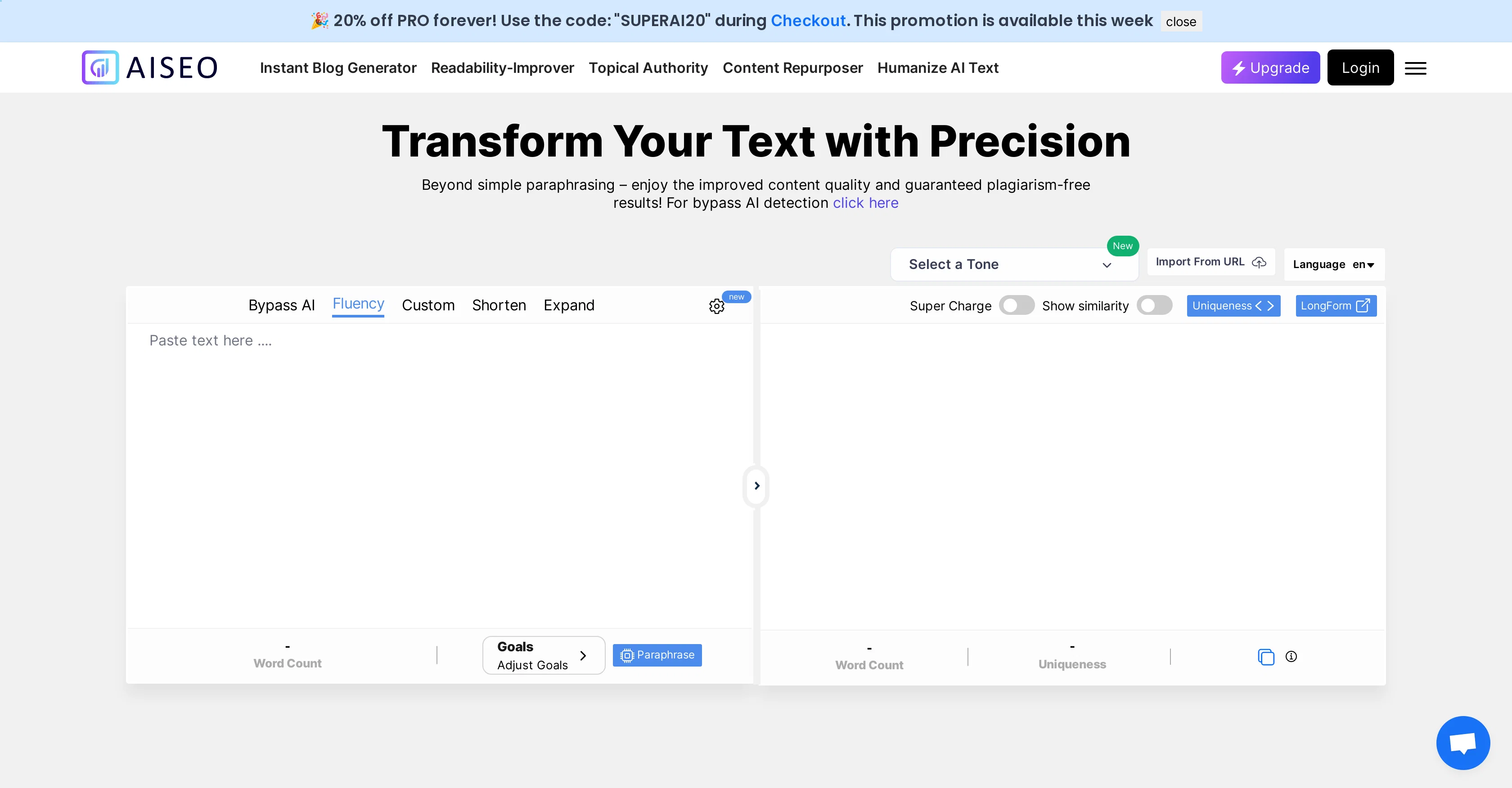 AISEO Free Paraphrasing Tool website