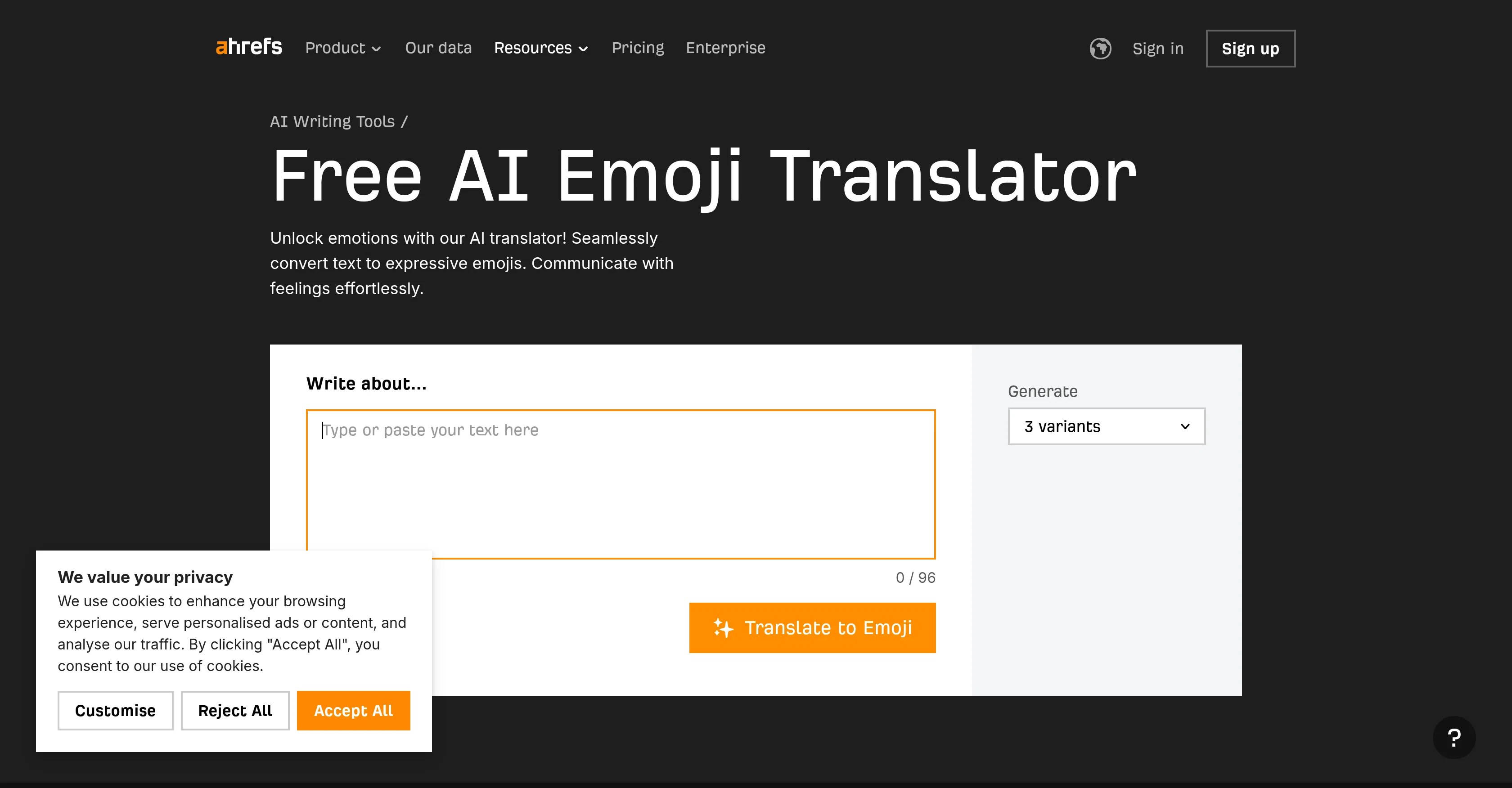 Ahrefs AI Emoji Translator website