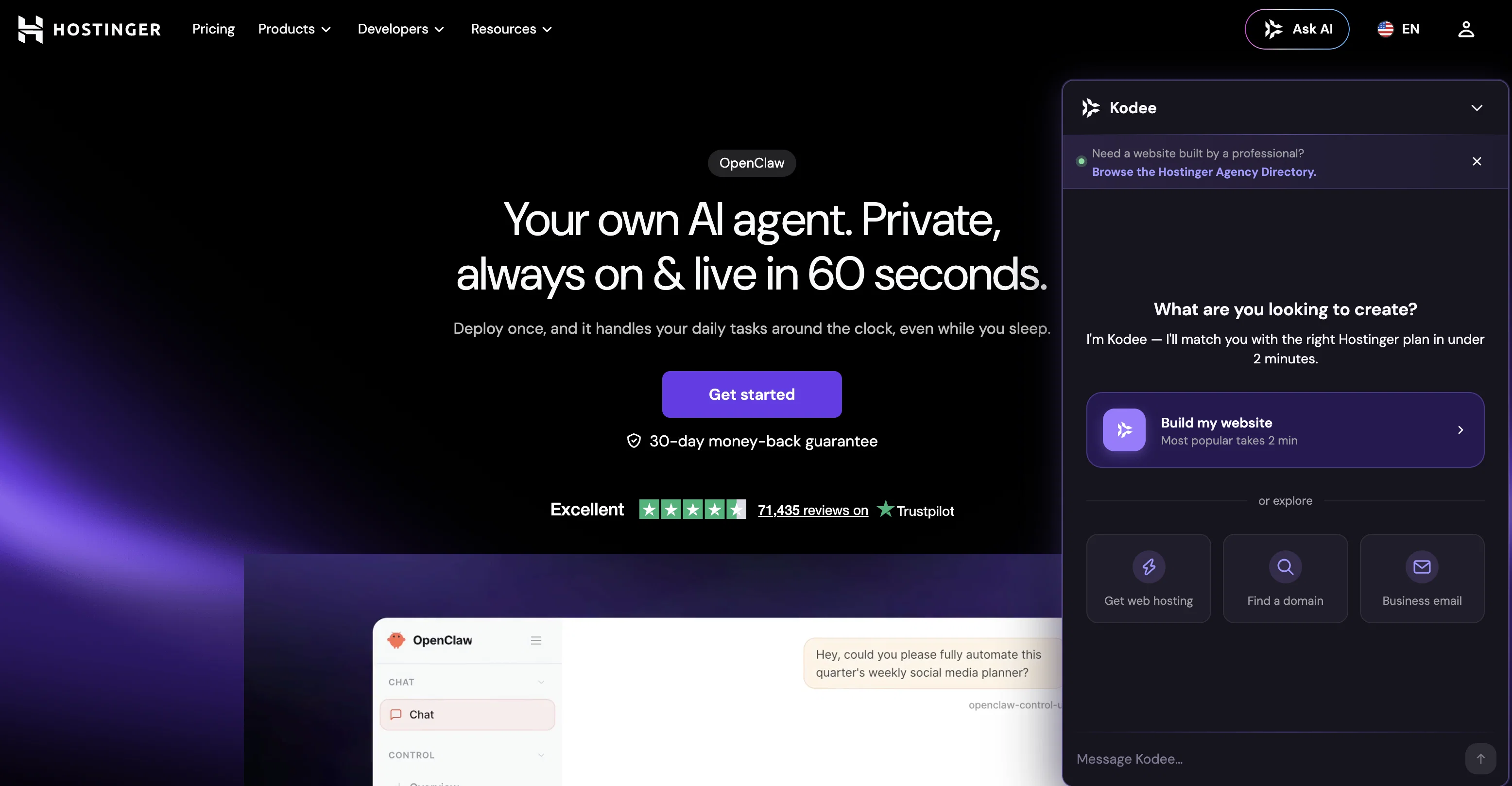 1-Click OpenClaw | Hostinger website