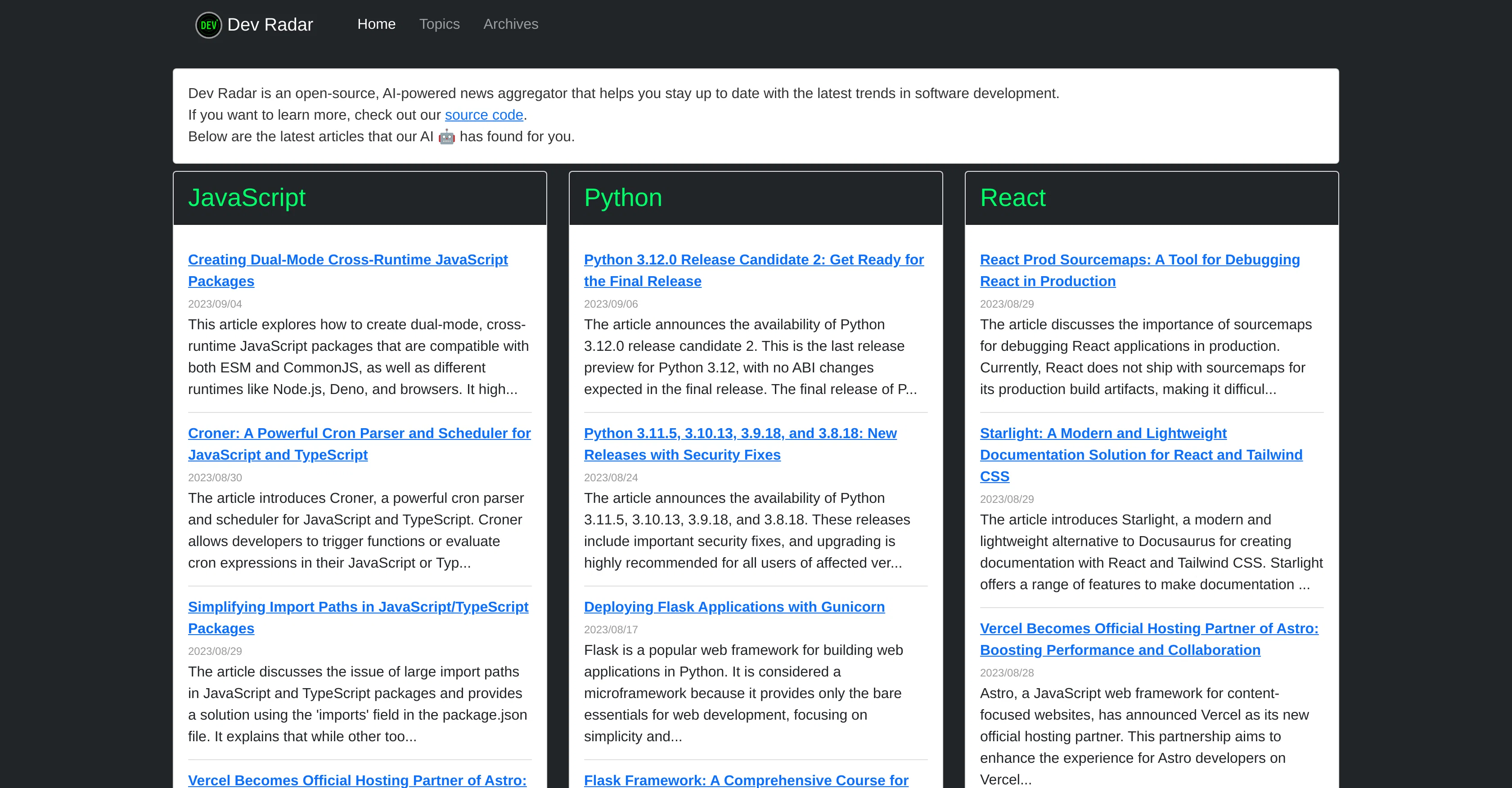 Dev Radar website