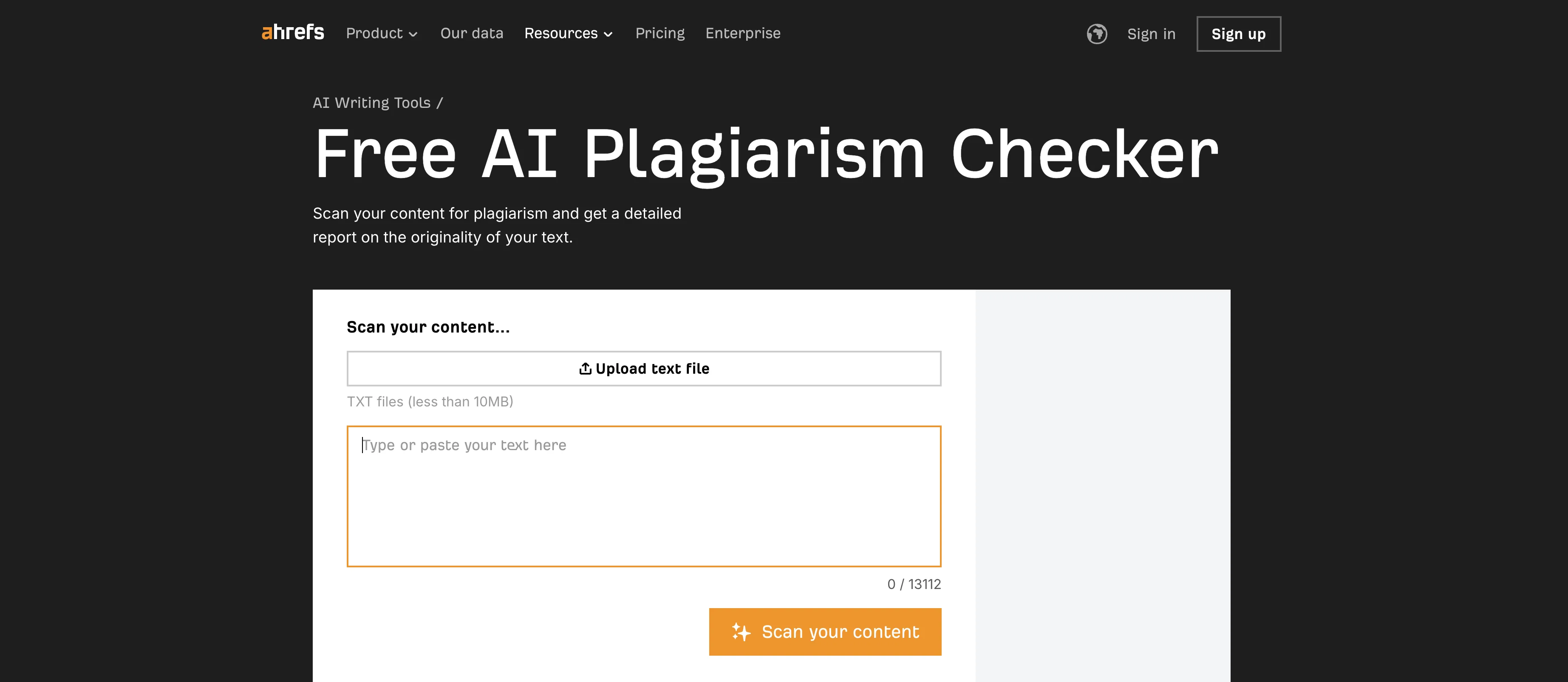 Ahrefs Plagiarism Checker website