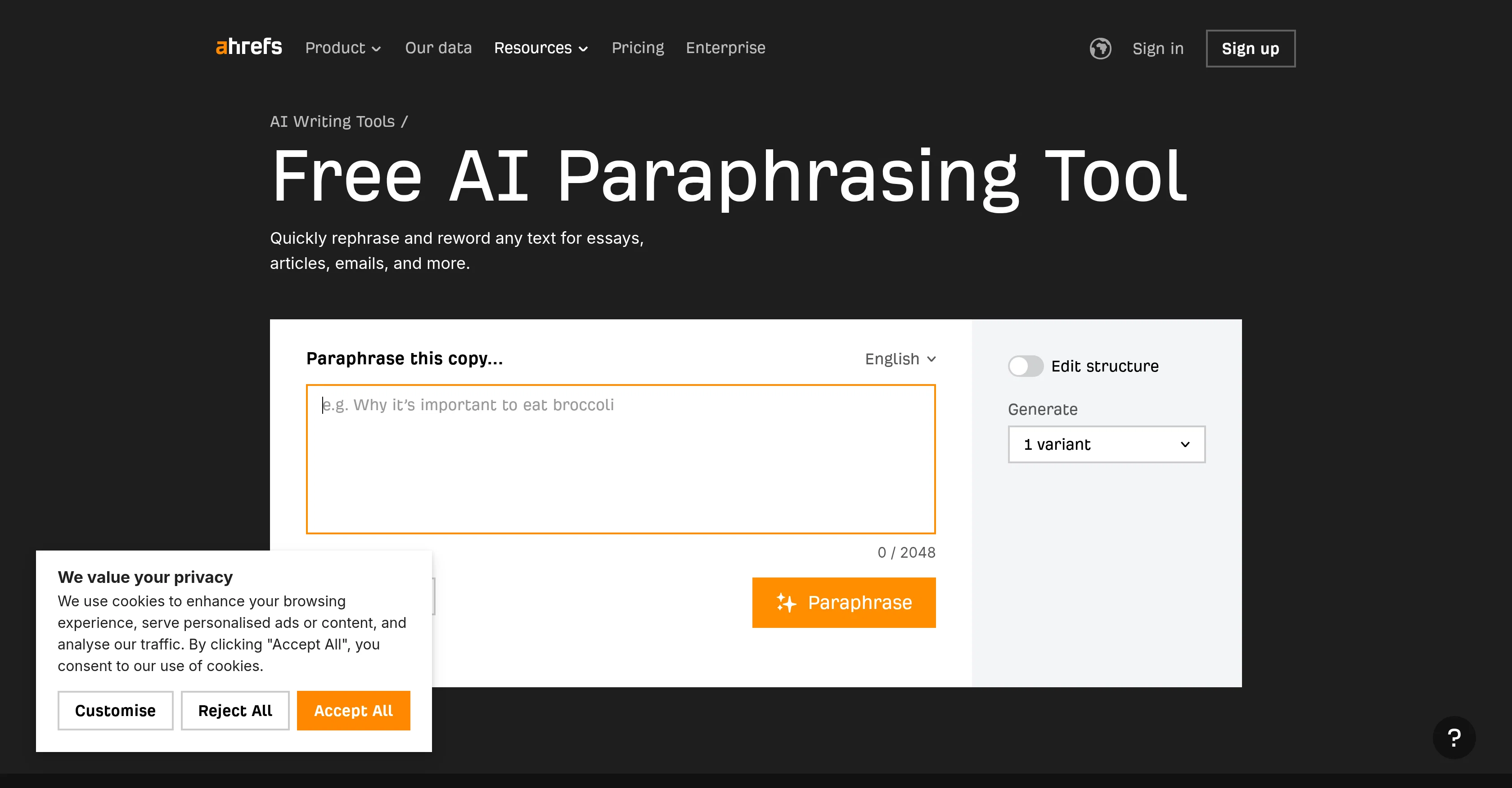 Ahrefs AI Paraphrasing Tool website