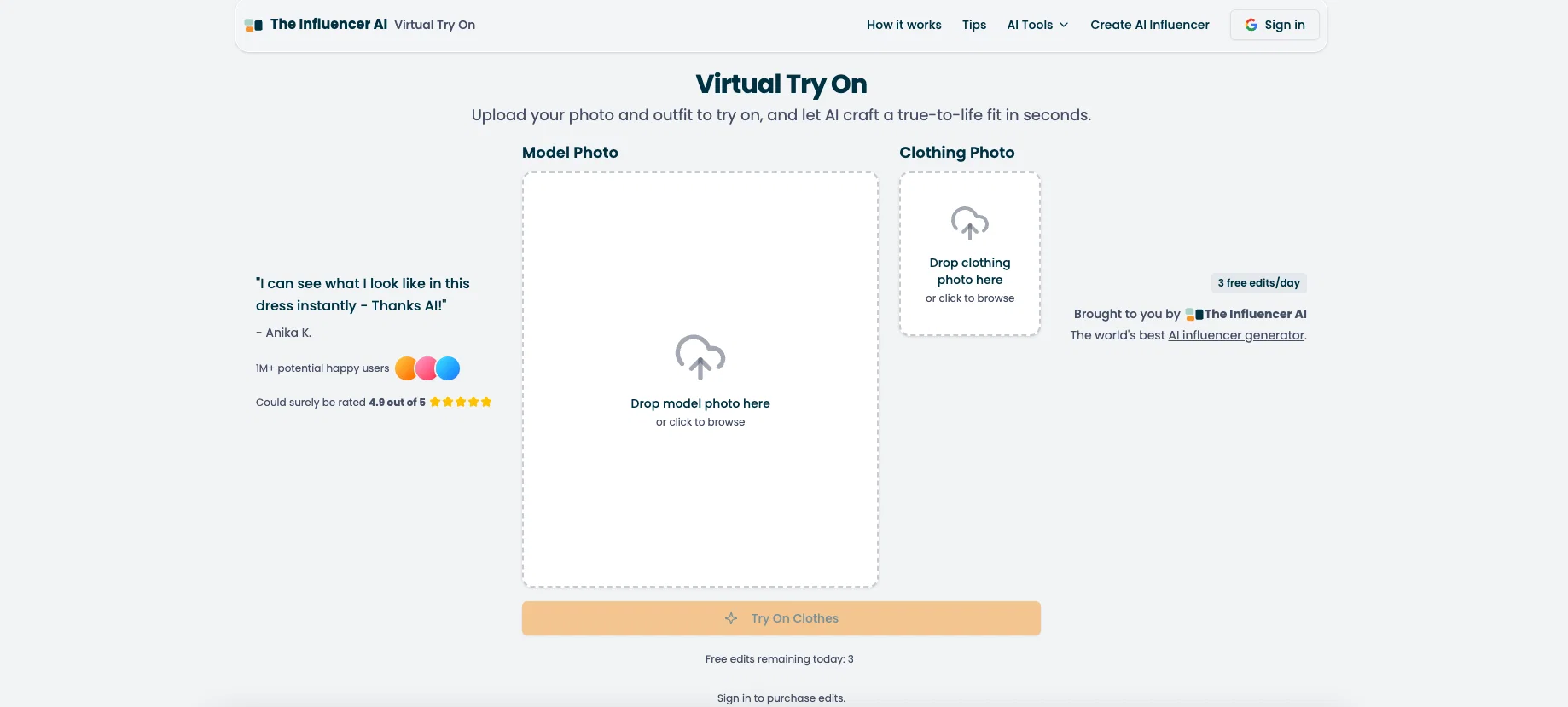 Virtual Try On by The Influencer AI website