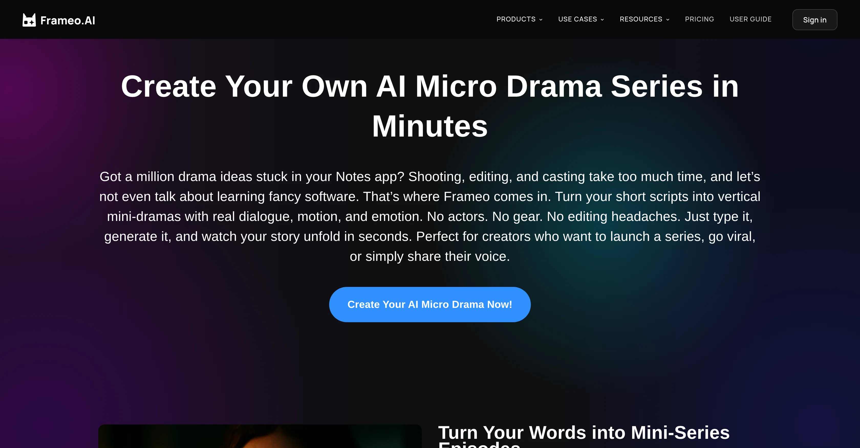Frameo.AI Micro Drama website