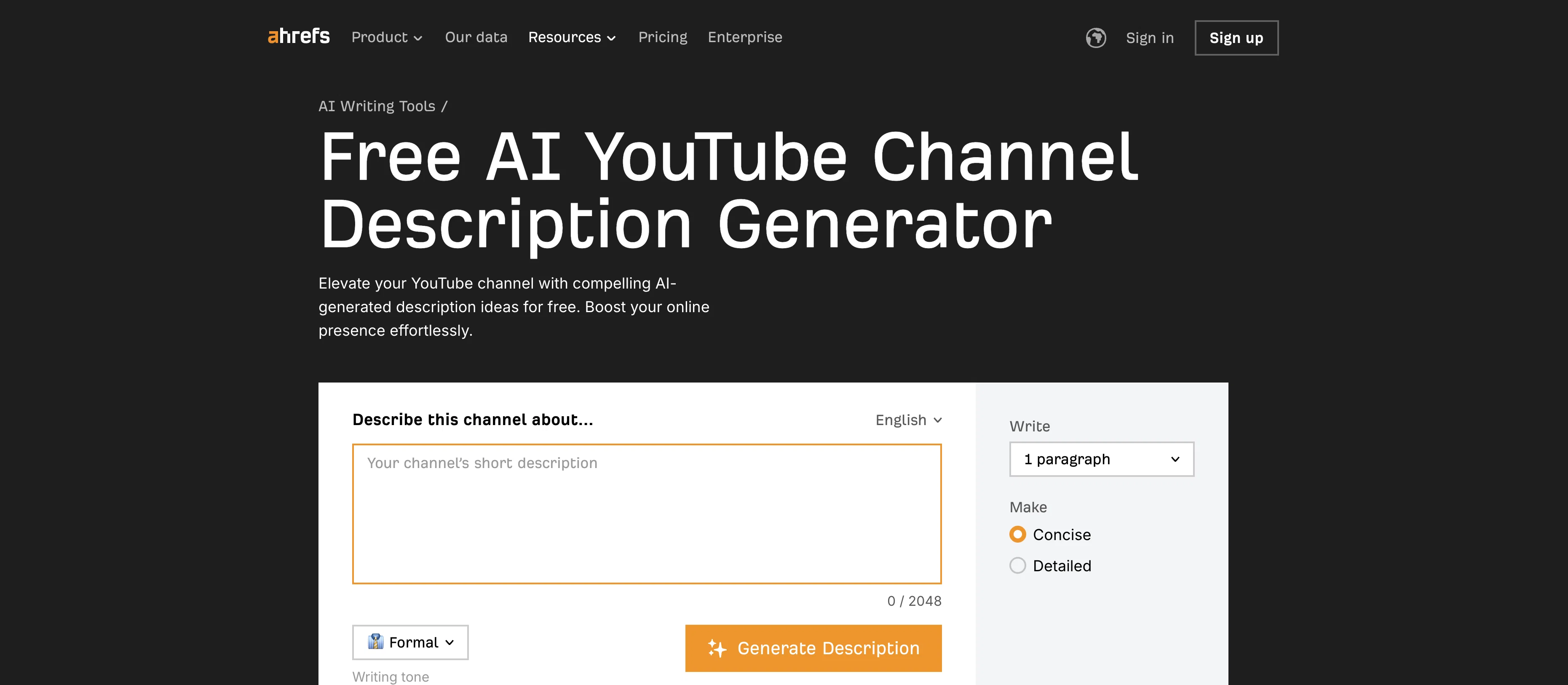 Ahrefs YouTube Channel Description Generator website