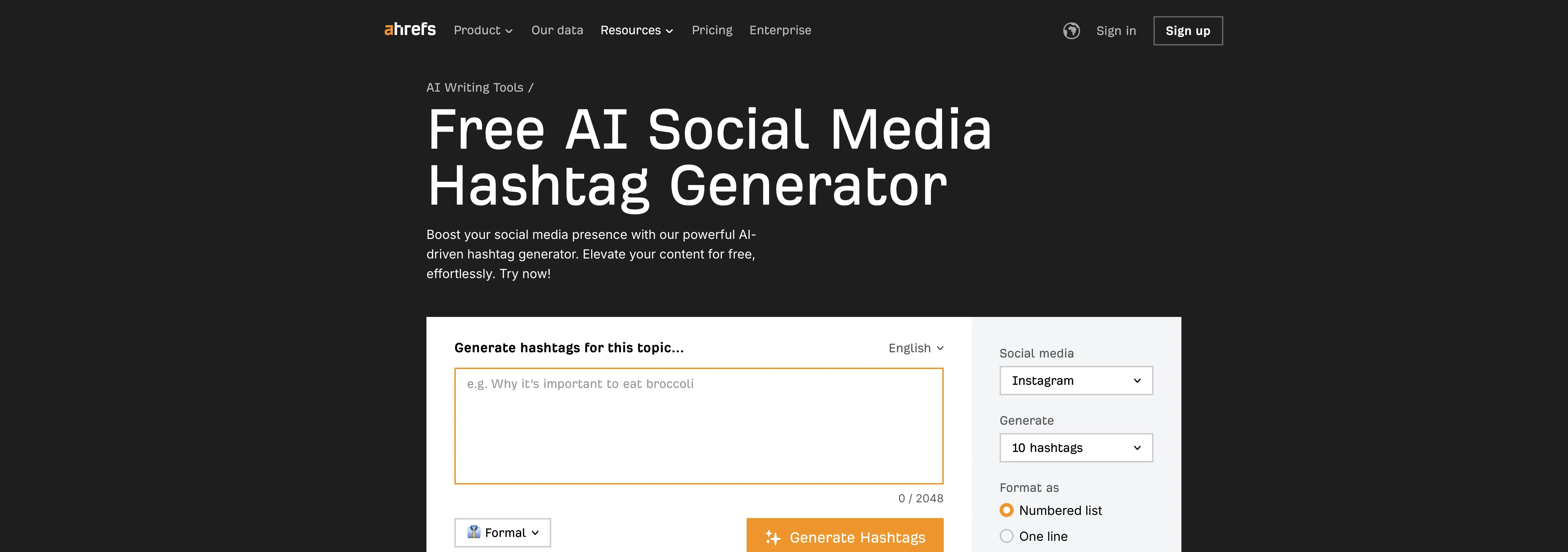 Ahrefs AI Social Media Hashtag Generator website
