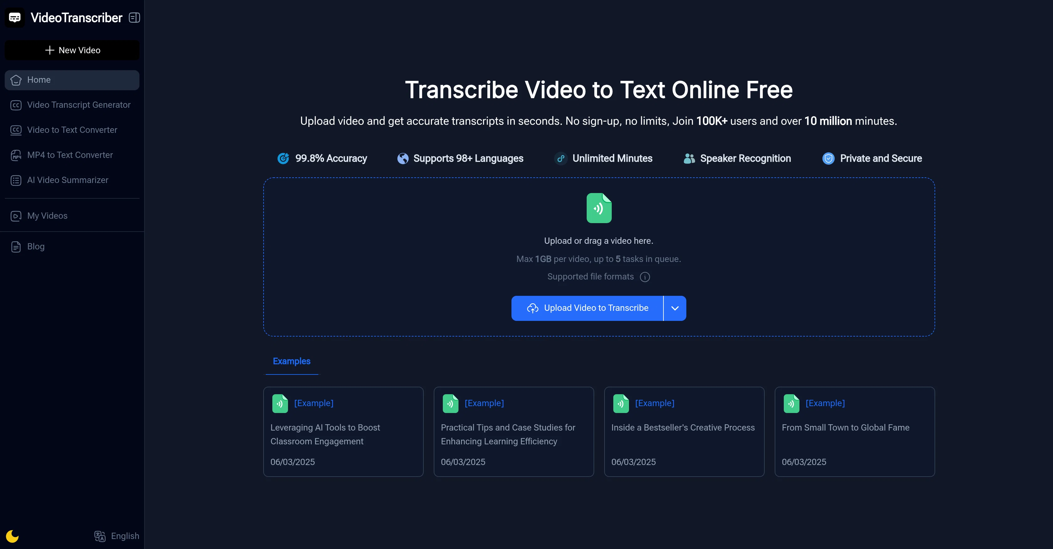 Video Transcriber AI website
