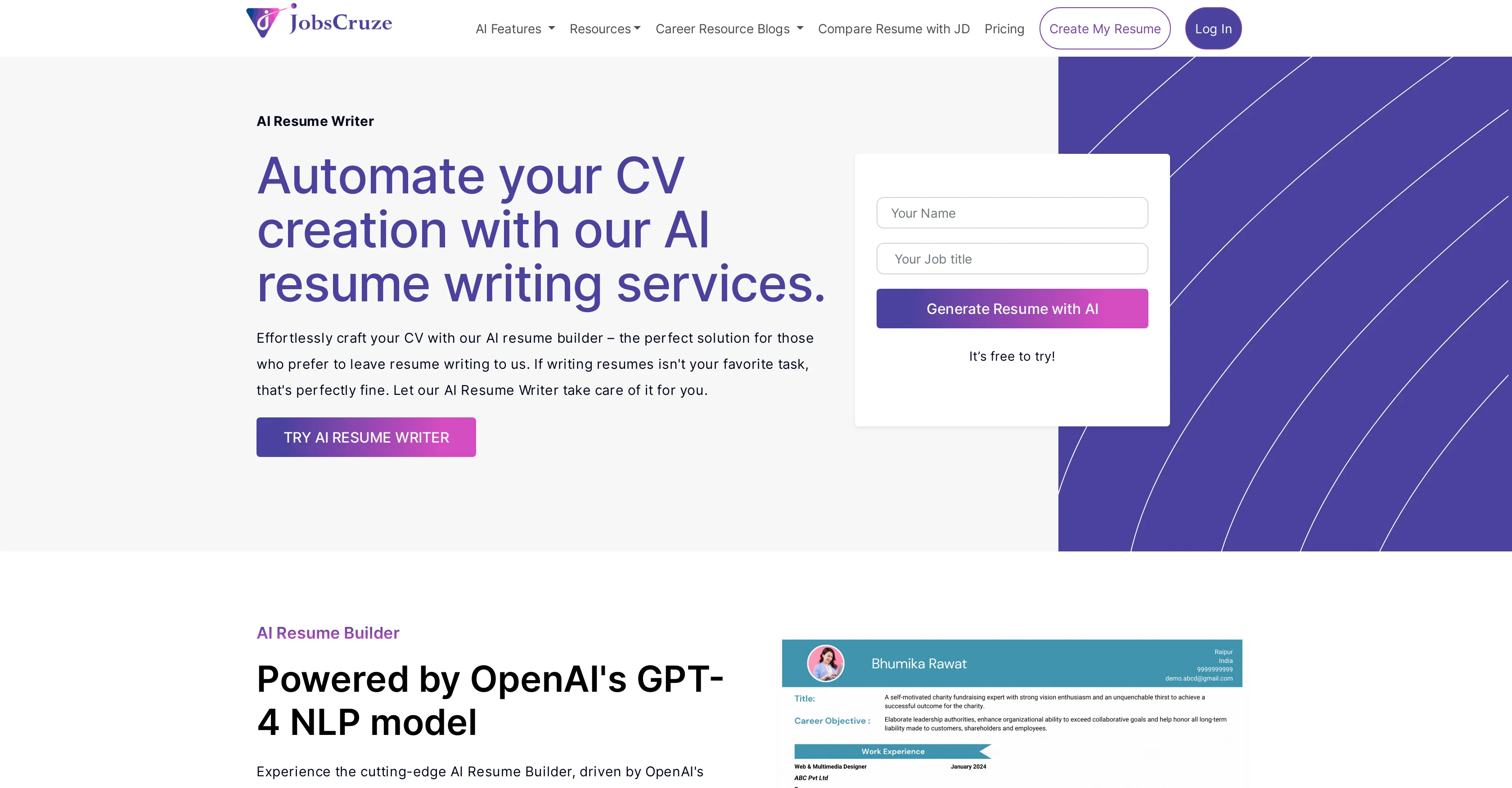 Jobscruze AI Resume Writer website