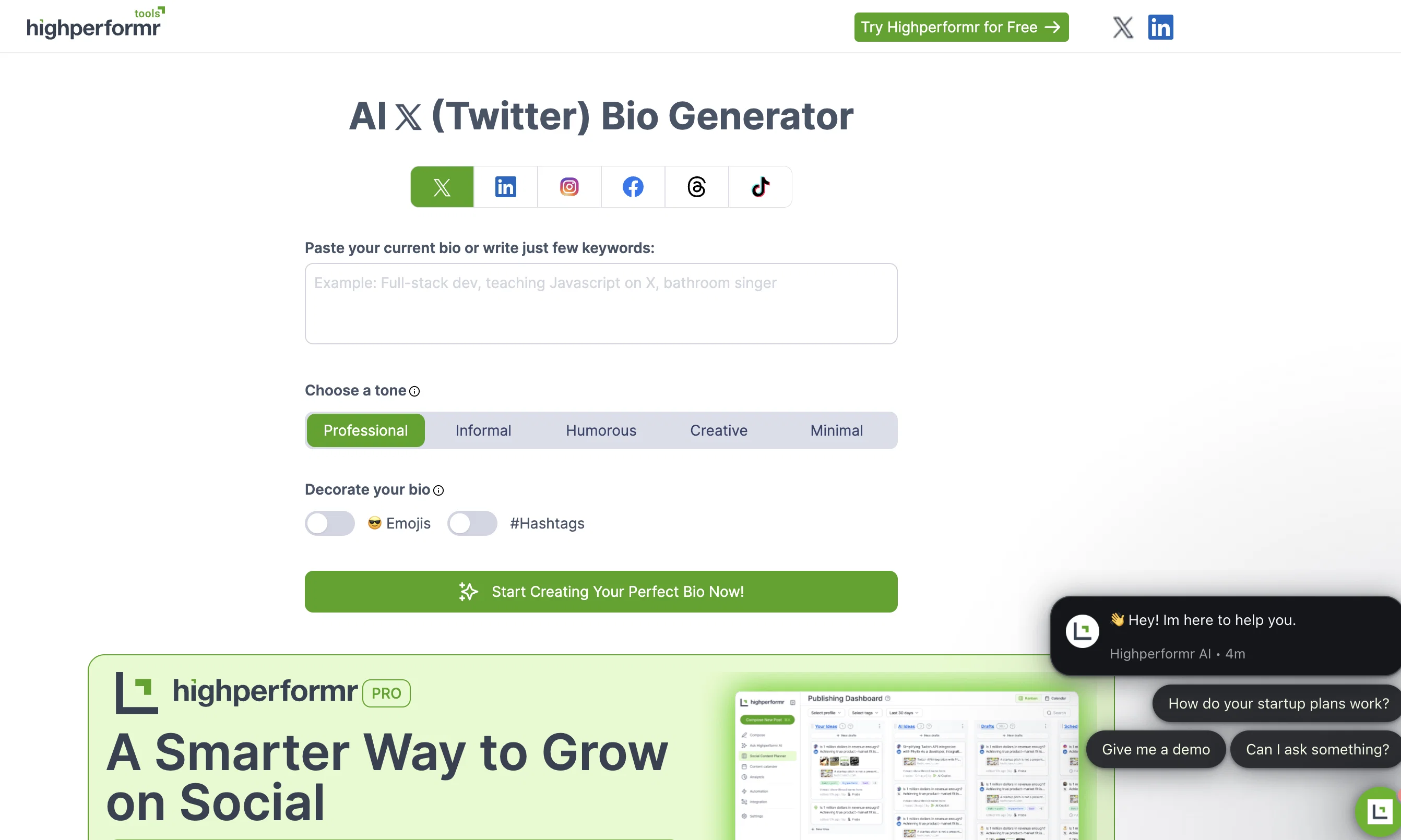 HighPerformr Social Bio website