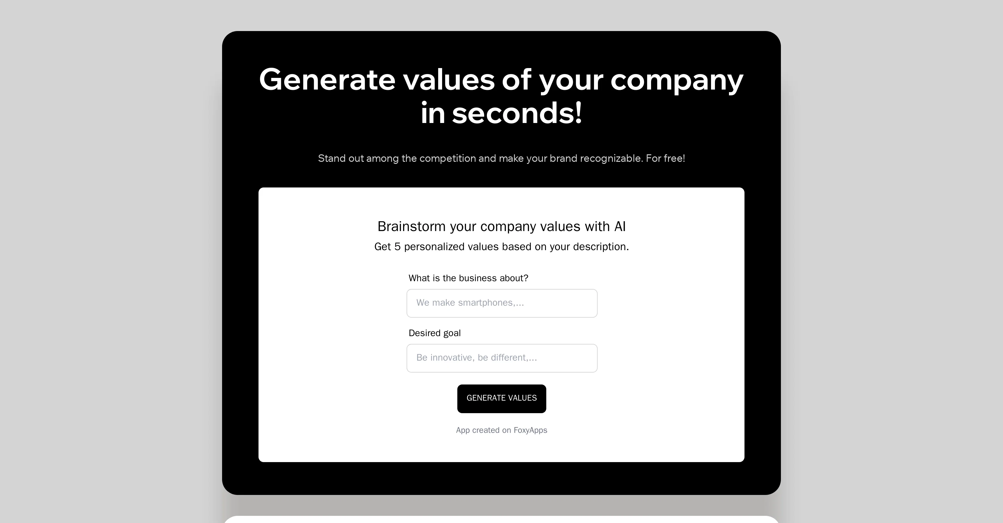 Company Values Generator website