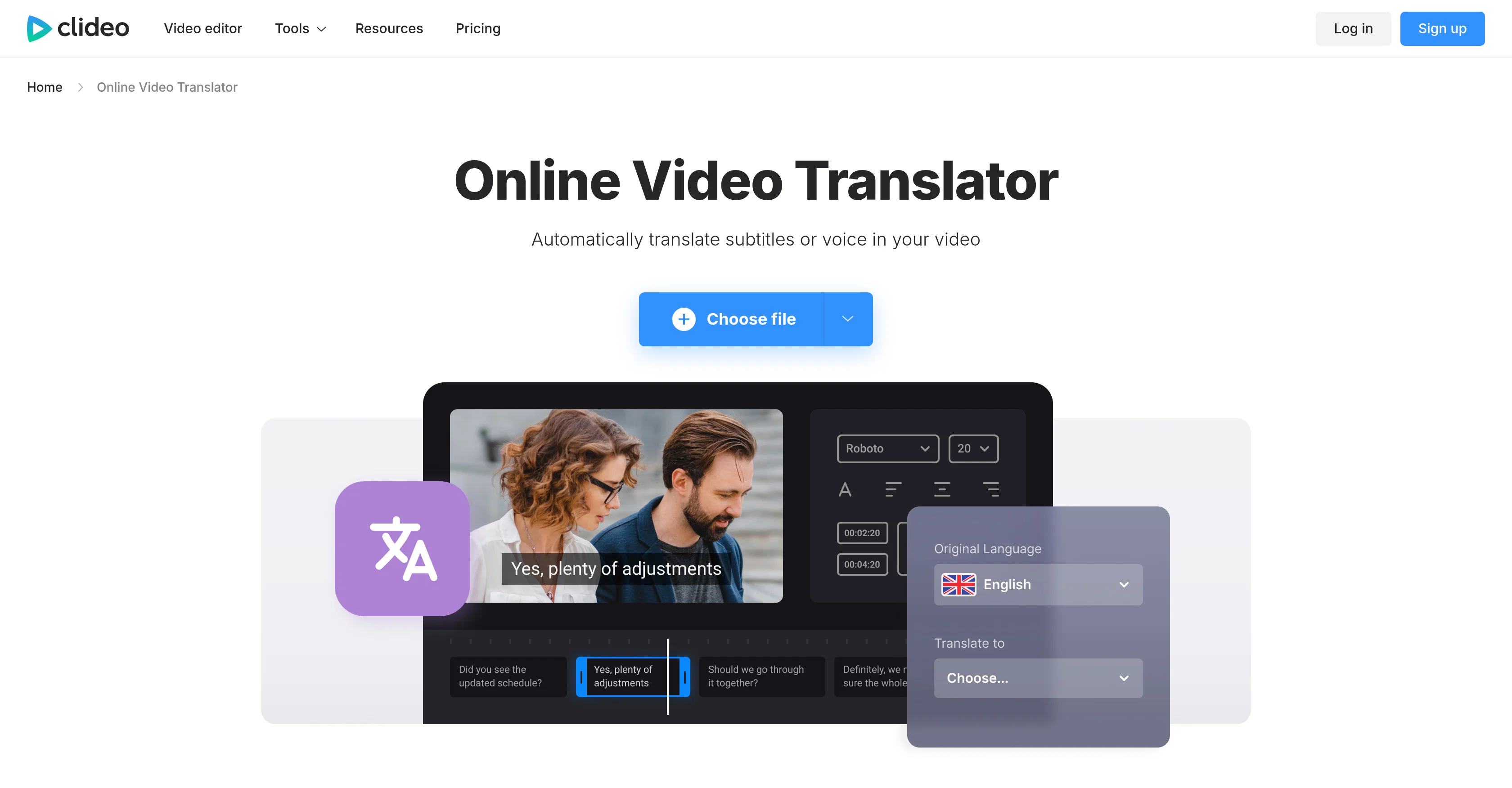 Clideo Video Translator website