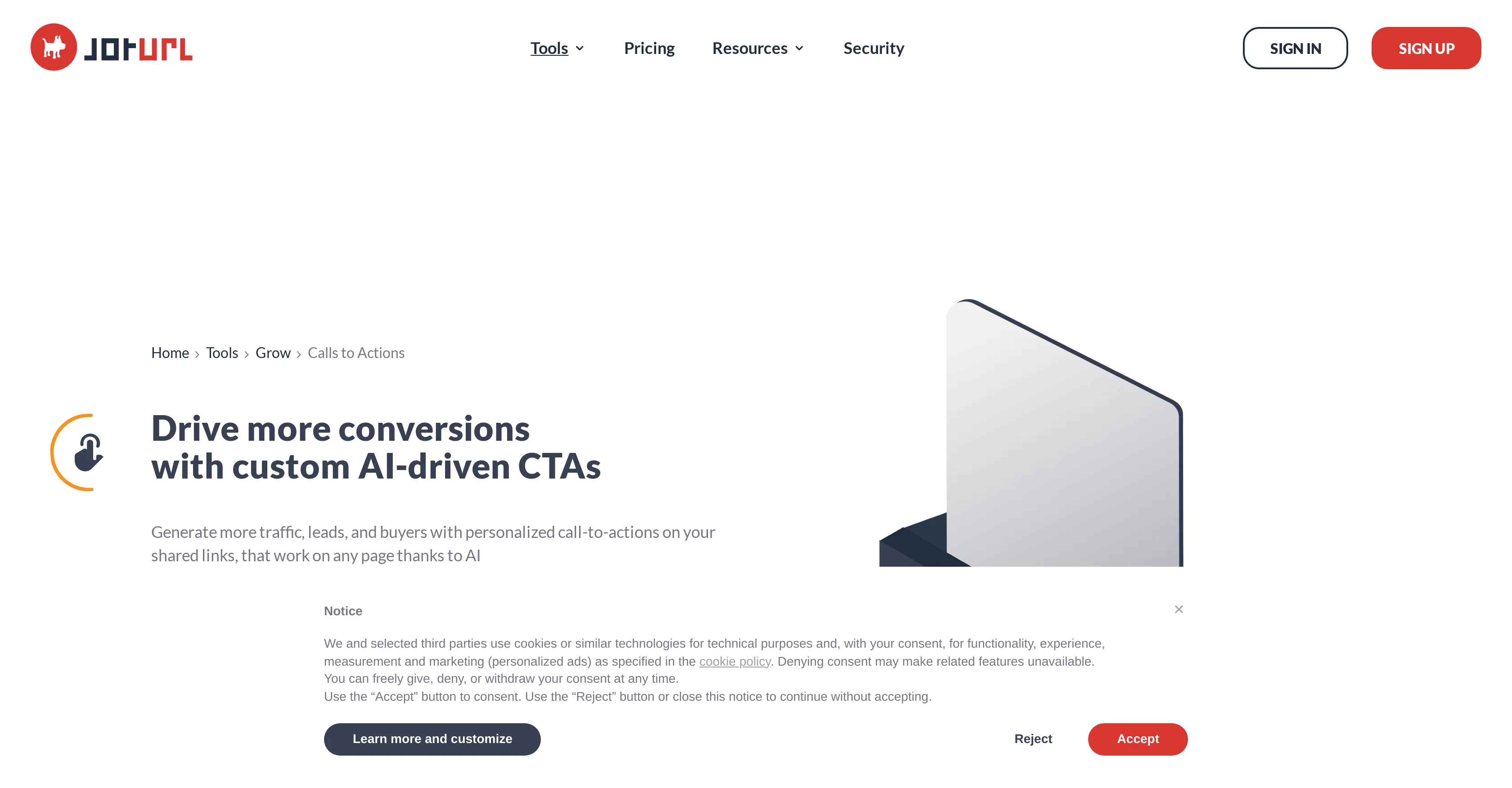 JotUrl Call To Action website