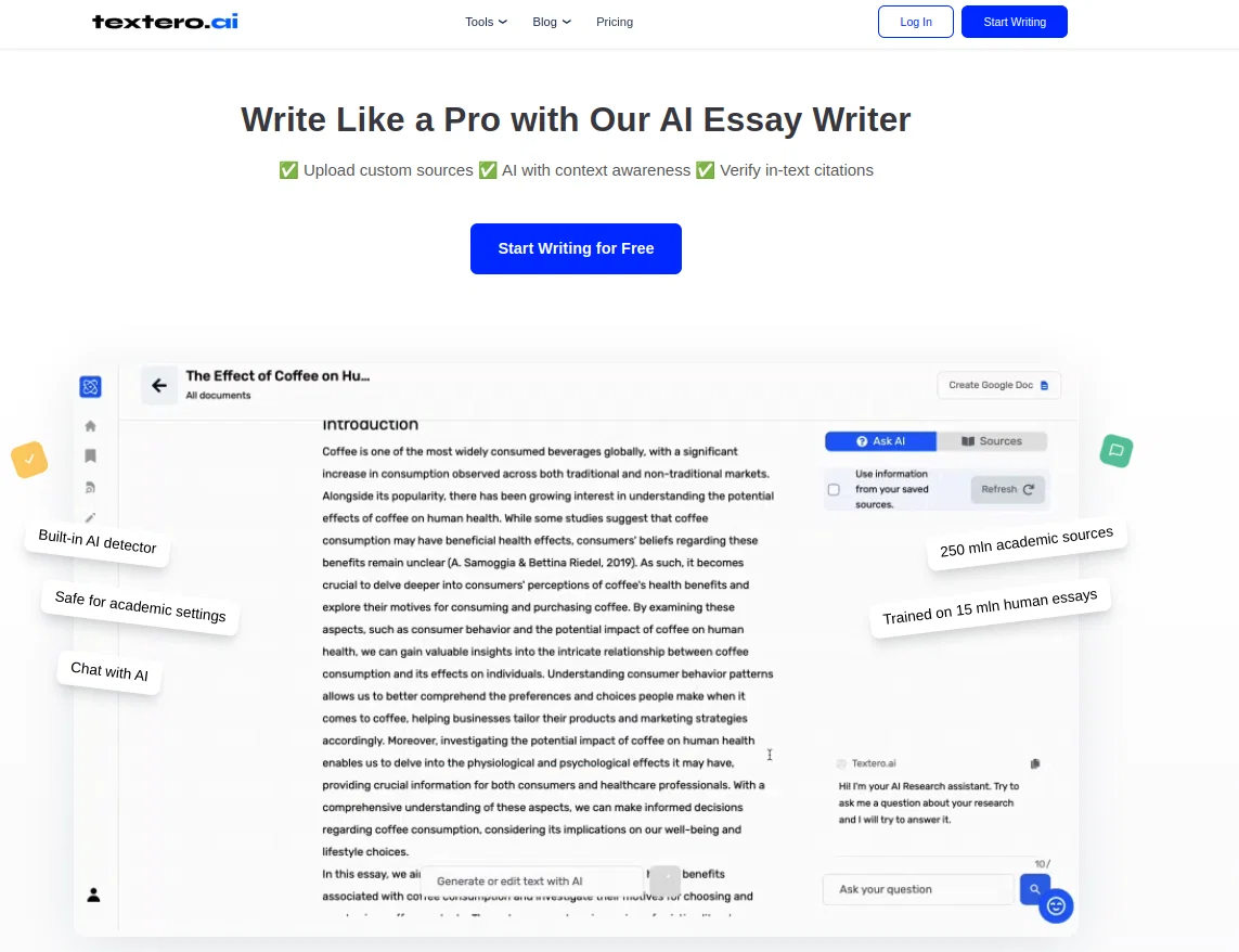 Textero AI Essay Writer website
