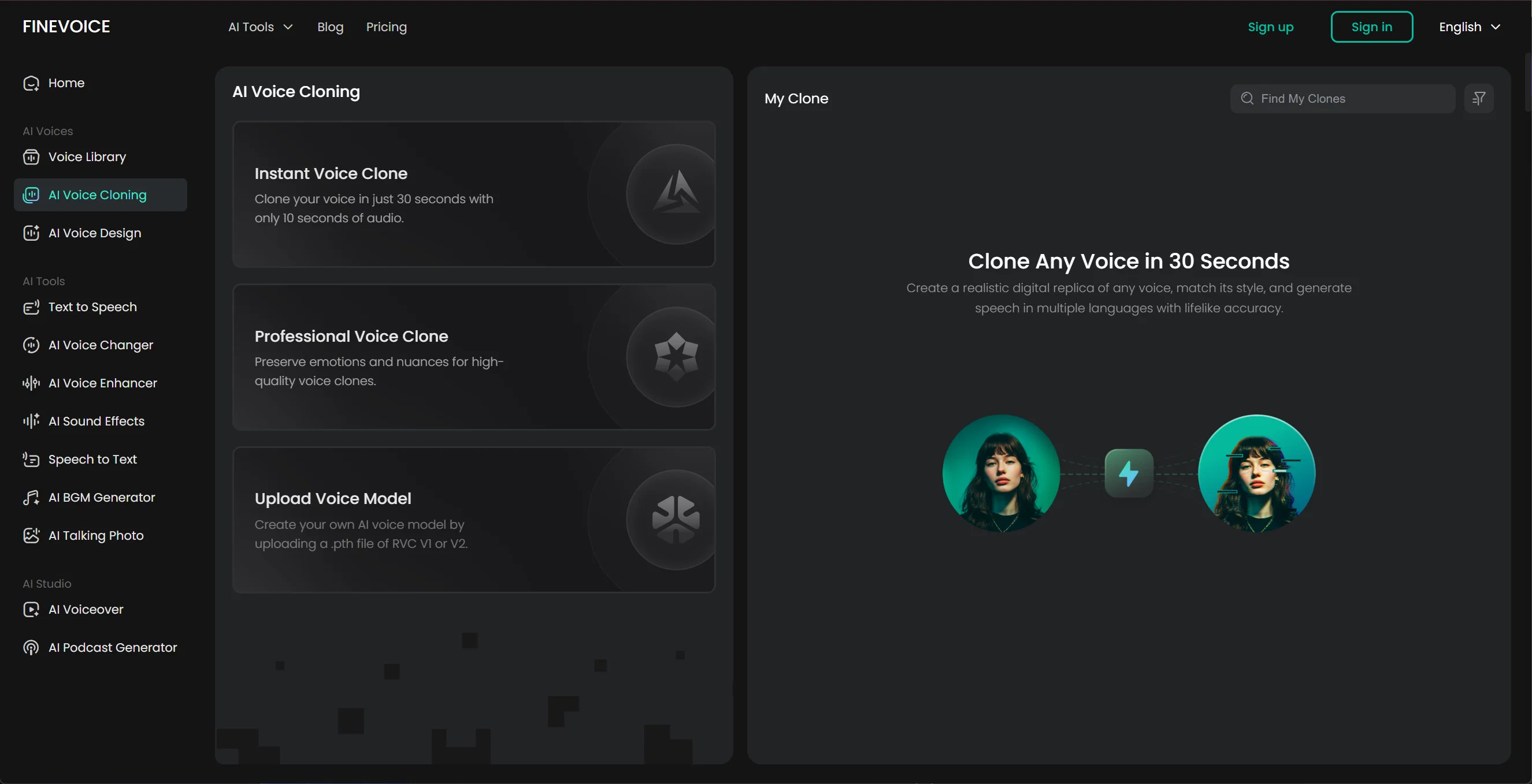 FineVoice AI Voice Cloning website