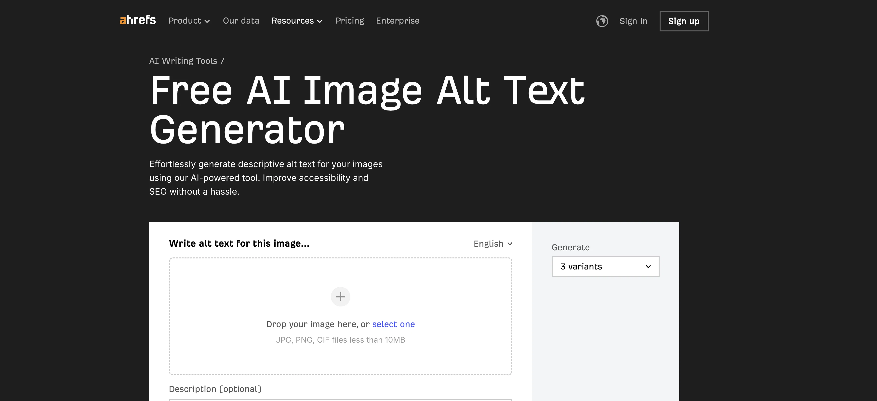 Ahrefs AI Image Alt Text Generator website
